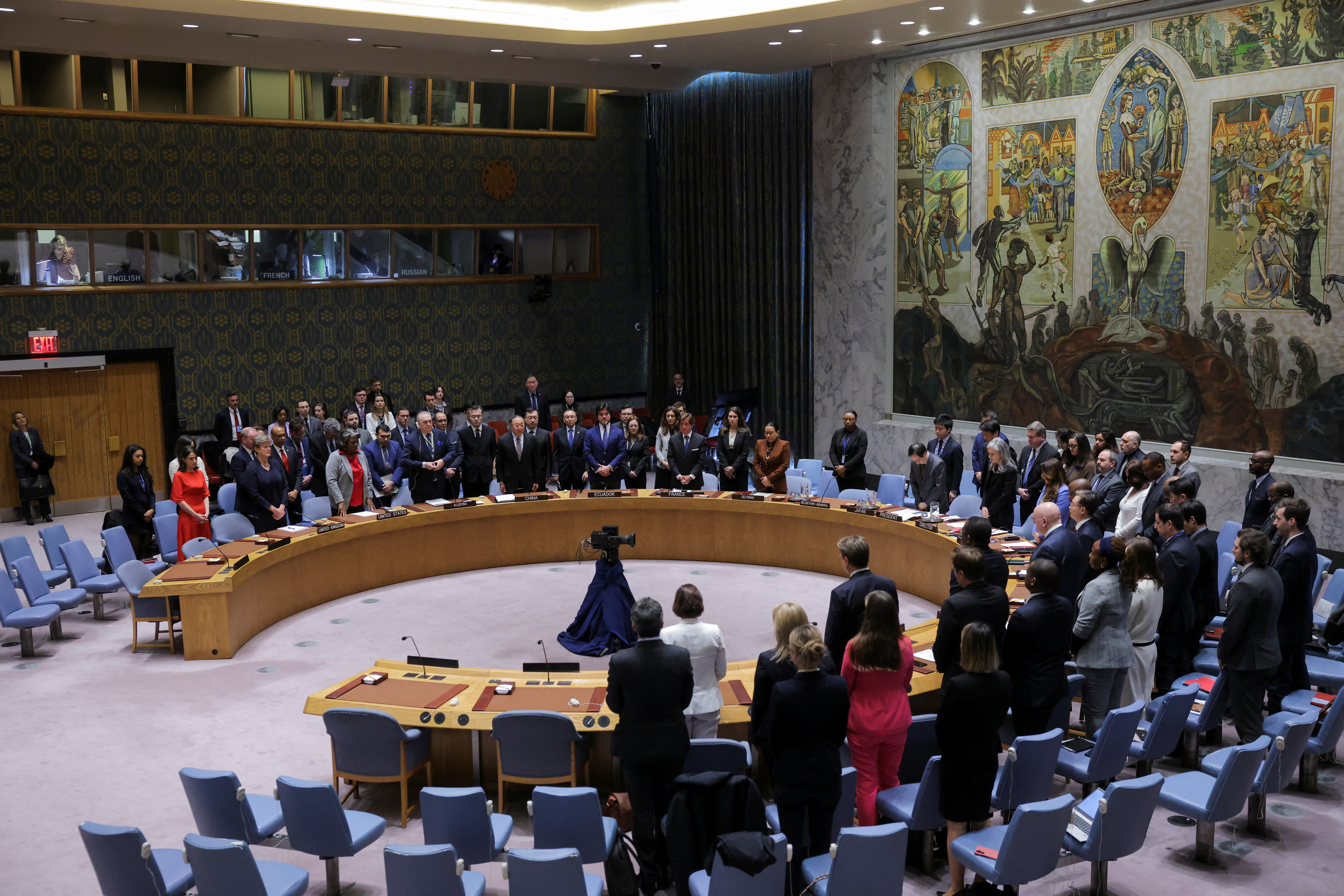 Members of the United Nations Security Council stand in silence, in honor of the victims of the Crocus City Hall concert venue Moscow attack, on the day of a vote on a Gaza resolution that demands an immediate ceasefire for the month of Ramadan leading to a permanent sustainable ceasefire, and the immediate and unconditional release of all hostages, at UN headquarters in New York City, US, March 25, 2024
