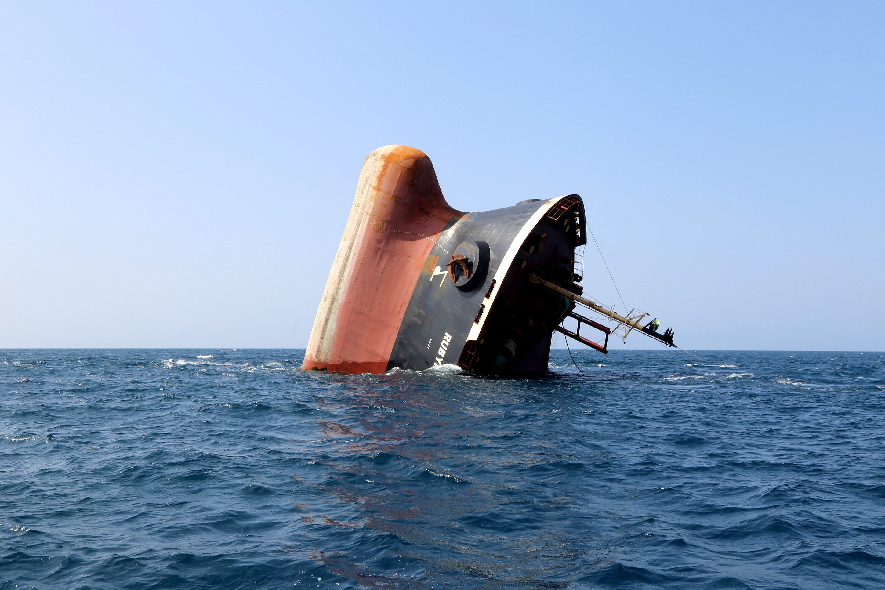 This picture taken on March 7, 2024 shows the Rubymar cargo ship partly submerged off the coast of Yemen