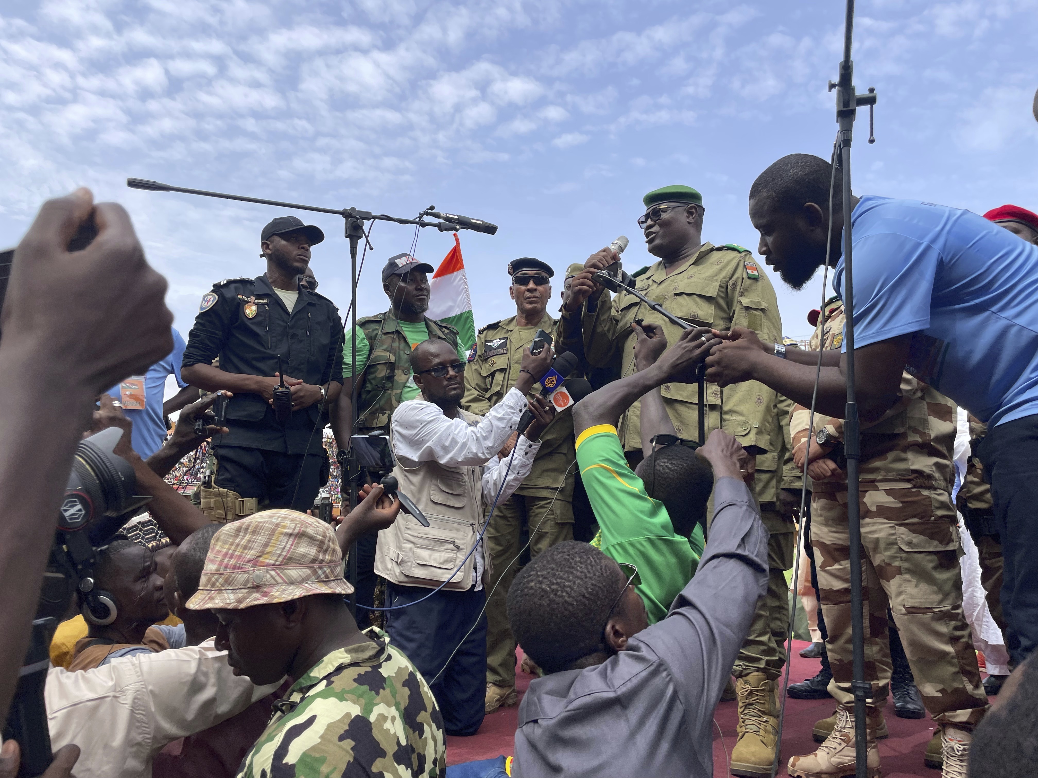 Mohamed Toumba, one of the soldiers who ousted Nigerian President Mohamed Bazoum, addresses supporters of Niger's ruling junta in Niamey in August 2023.