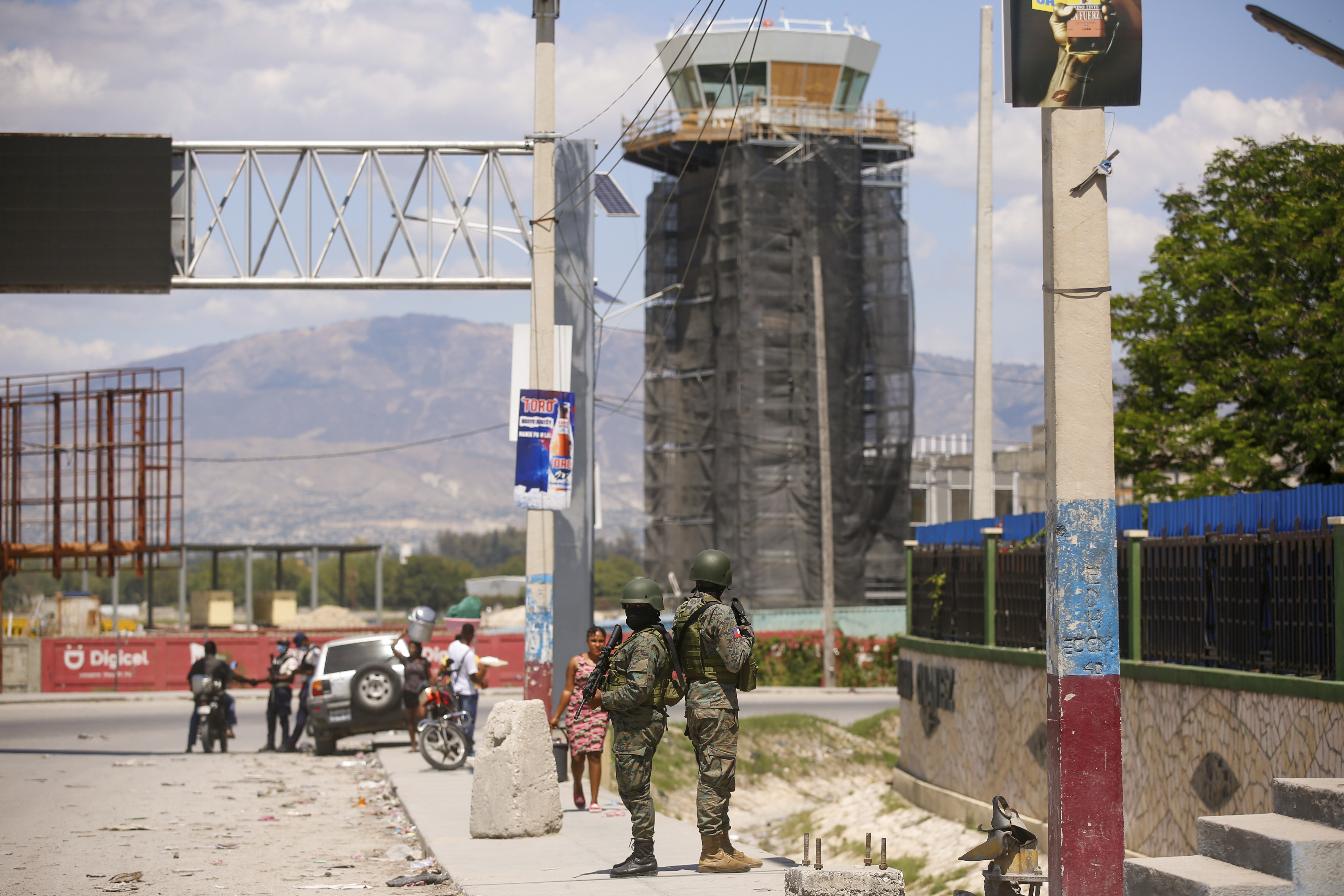 Soldiers guard the entrance of the international airport