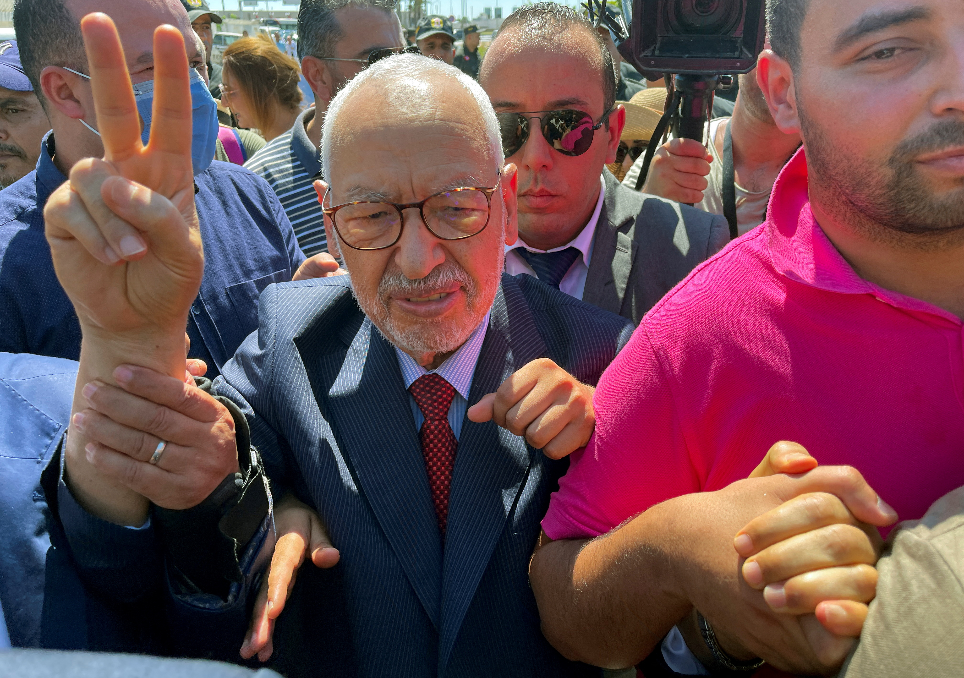 Tunisia's Islamist movement leader Rached Ghannouchi gestures upon arrival at court in Tunis, Tunisia July 19, 2022. REUTERS/Jihed Abidellaoui