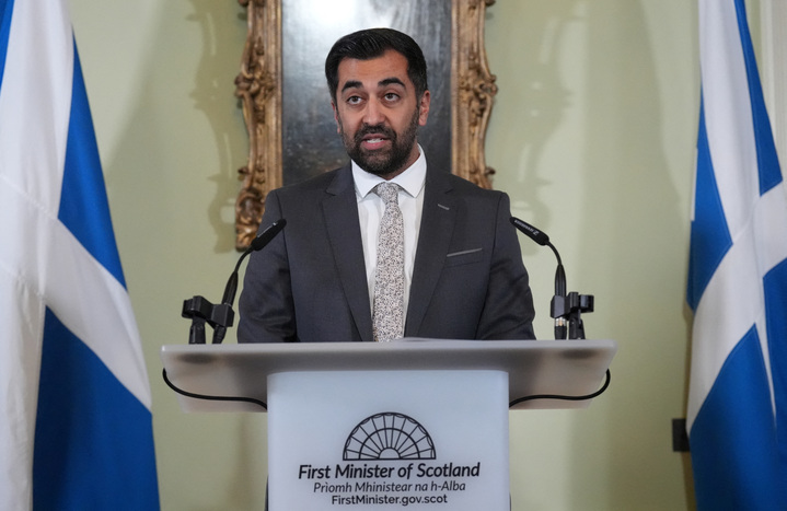 Humza Yousaf speaks at media conference.