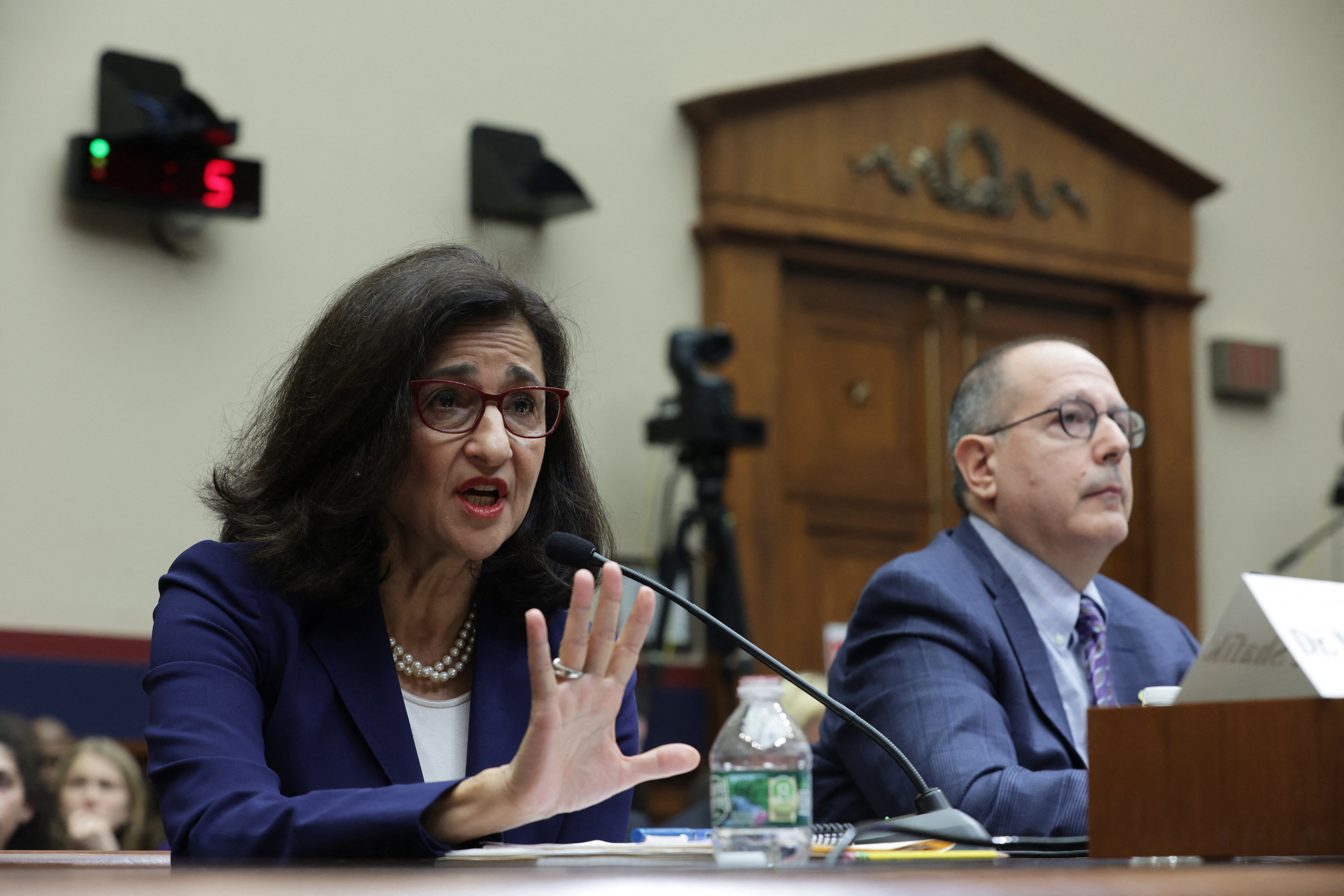 WASHINGTON, DC - APRIL 17: President of Columbia University Nemat “Minouche” Shafik (L), and David Schizer (R), Dean Emeritus and Harvey R. Miller Professor of Law & Economics, testify before the House Committee on Education & the Workforce at Rayburn House Office Building on April 17, 2024 in Washington, DC. The committee held a hearing on “Columbia in Crisis: Columbia University’s Response to Antisemitism.” Alex Wong/Getty Images/AFP (Photo by ALEX WONG / GETTY IMAGES NORTH AMERICA / Getty Images via AFP)