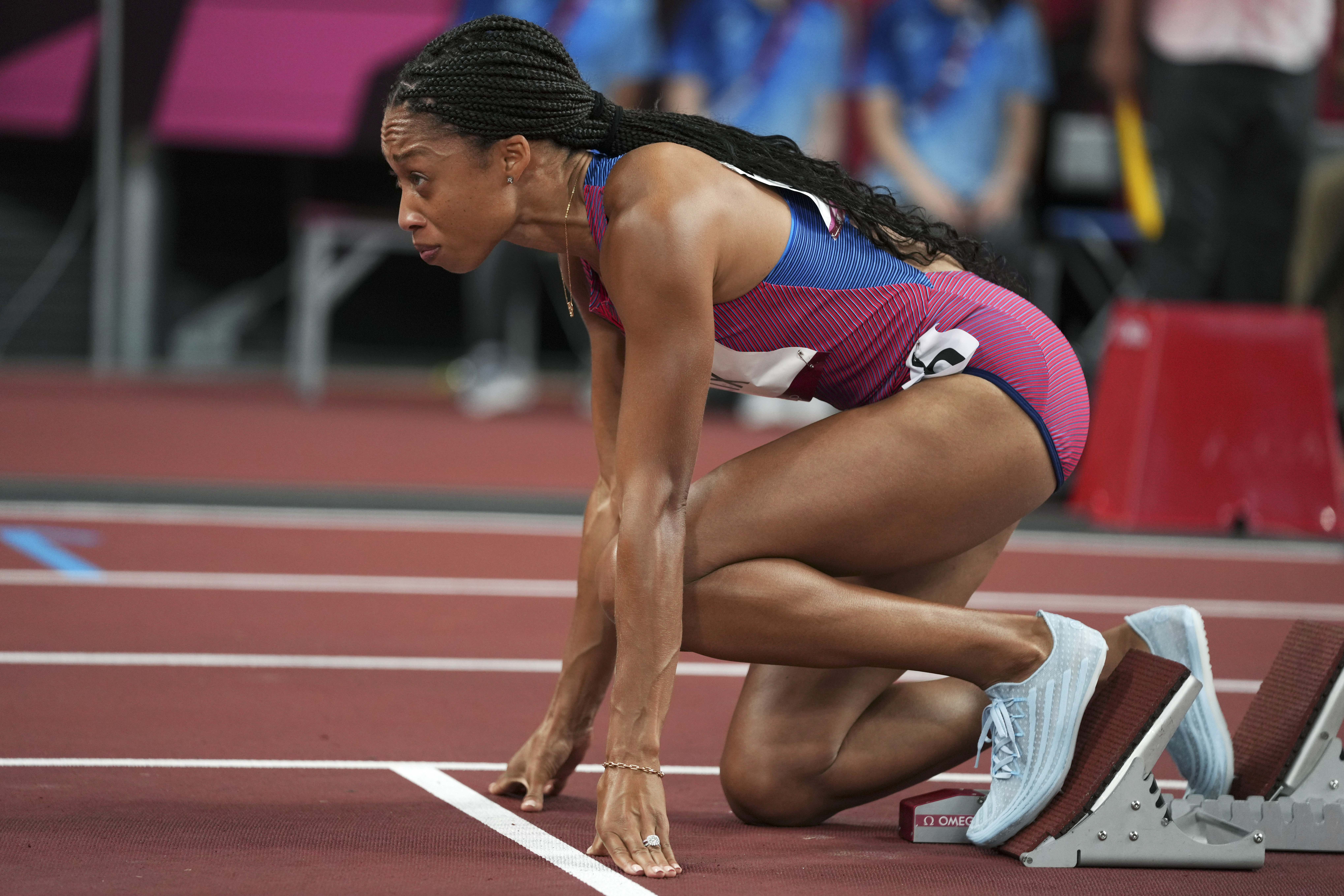 Allyson Felix on the starting block at Tokyo Olympics.