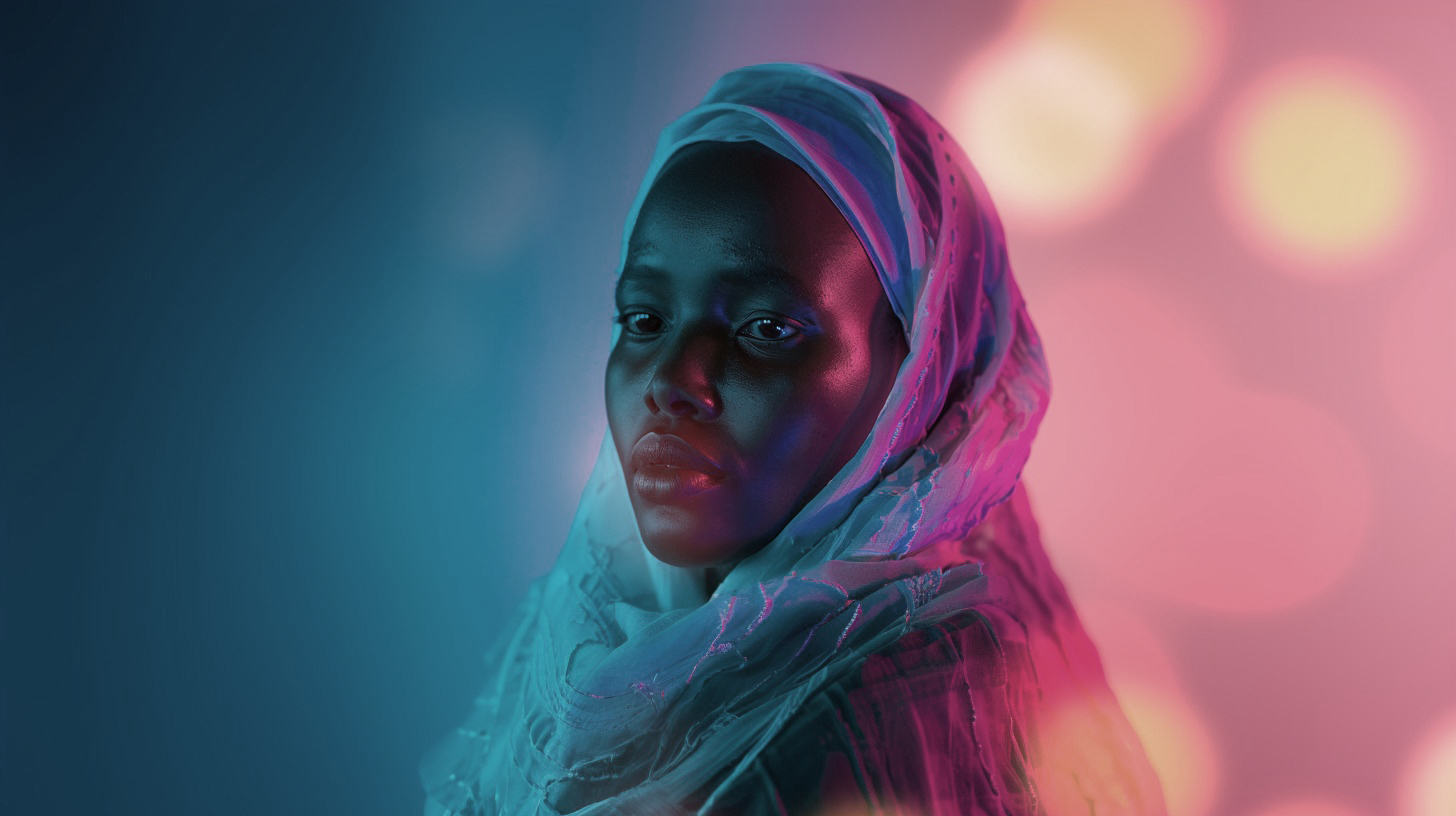 Woman in her 30s wearing a veil on her head against a soft background