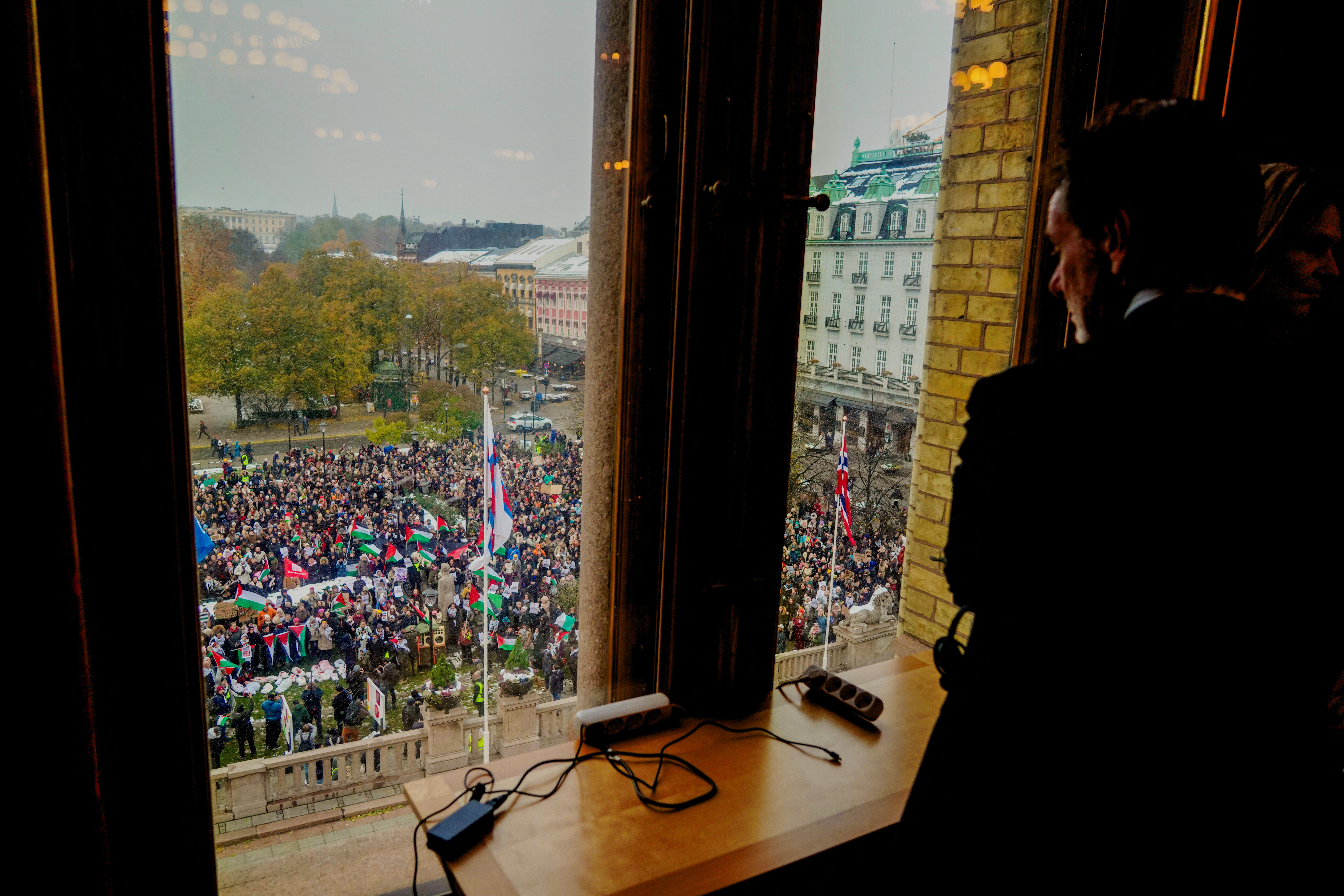 A demonstration is held outside the Norwegian parliament in connection with Denmark, Sweden, Finland and Iceland abstaining from voting on a UN resolution on an immediate, permanent and sustained humanitarian ceasefire in Gaza [File: Ole Berg-Rusten/NTB via Reuters]