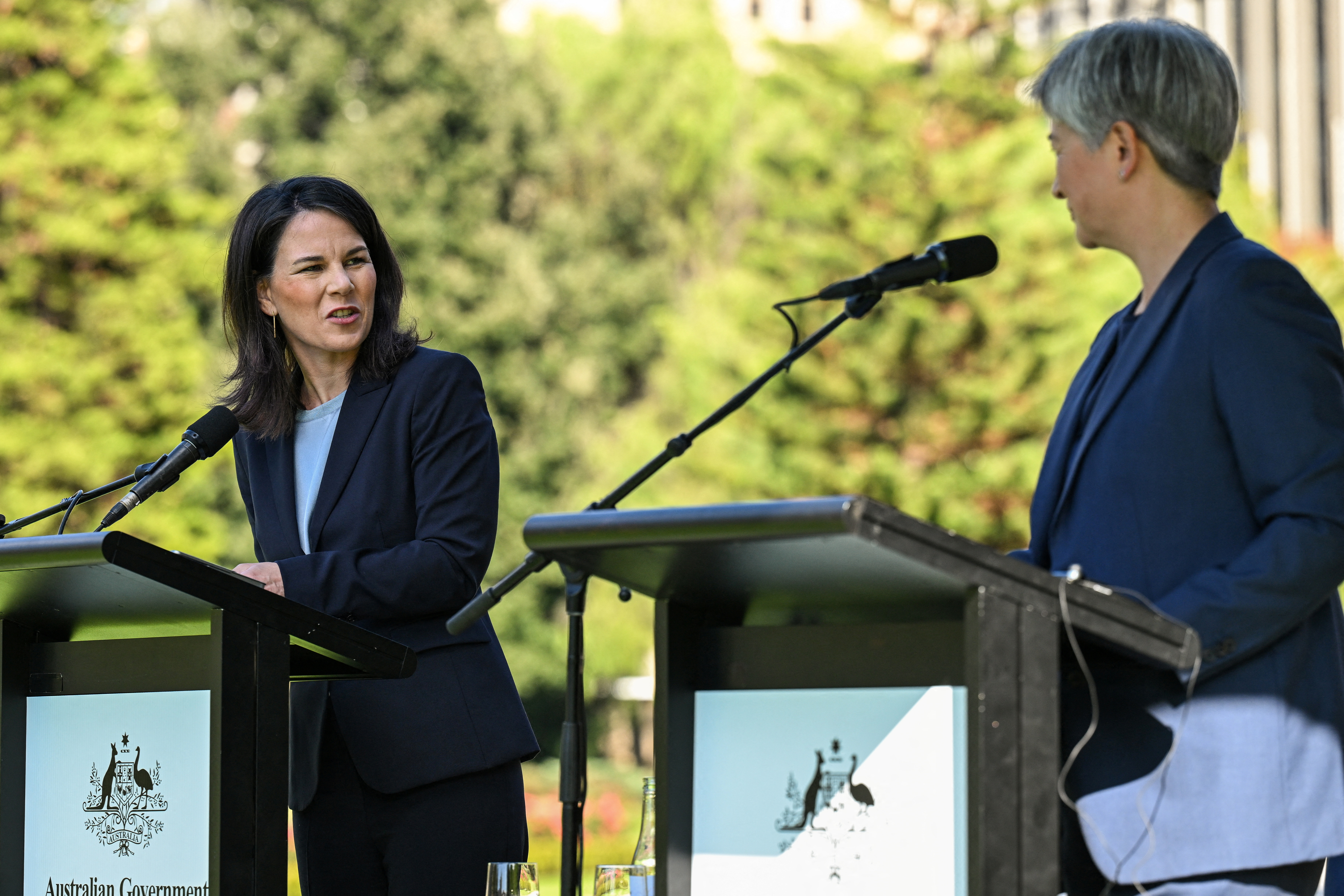 Australian Minister for Foreign Affairs Penny Wong speaks with German Minister for Foreign Affairs Annalena Baerbock during a visit to Government House in Adelaide, Australia, May 3, 2024. Michael Errey/Pool via REUTERS