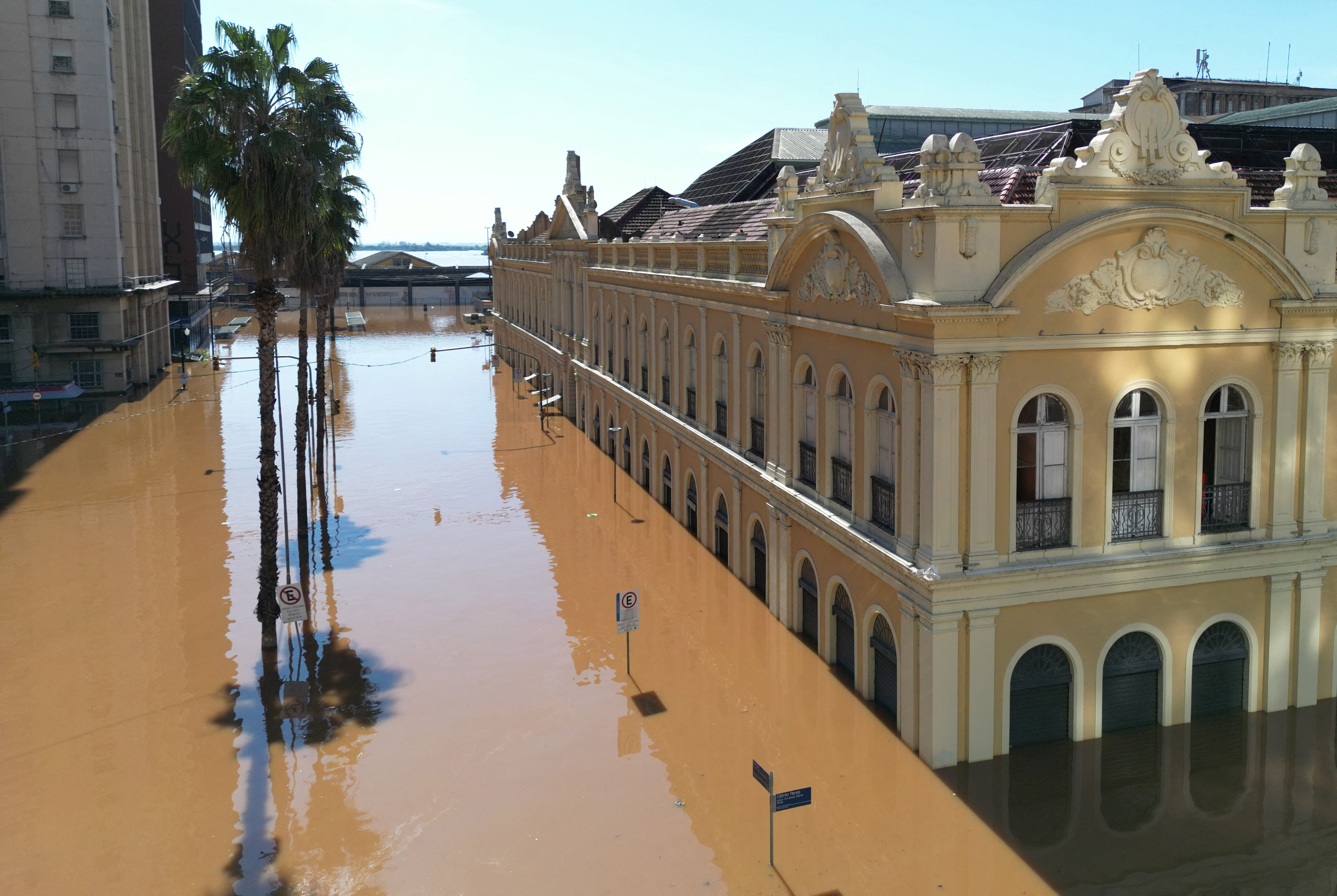 Floodwaters around the historic market in Porto Alegre, Brazil