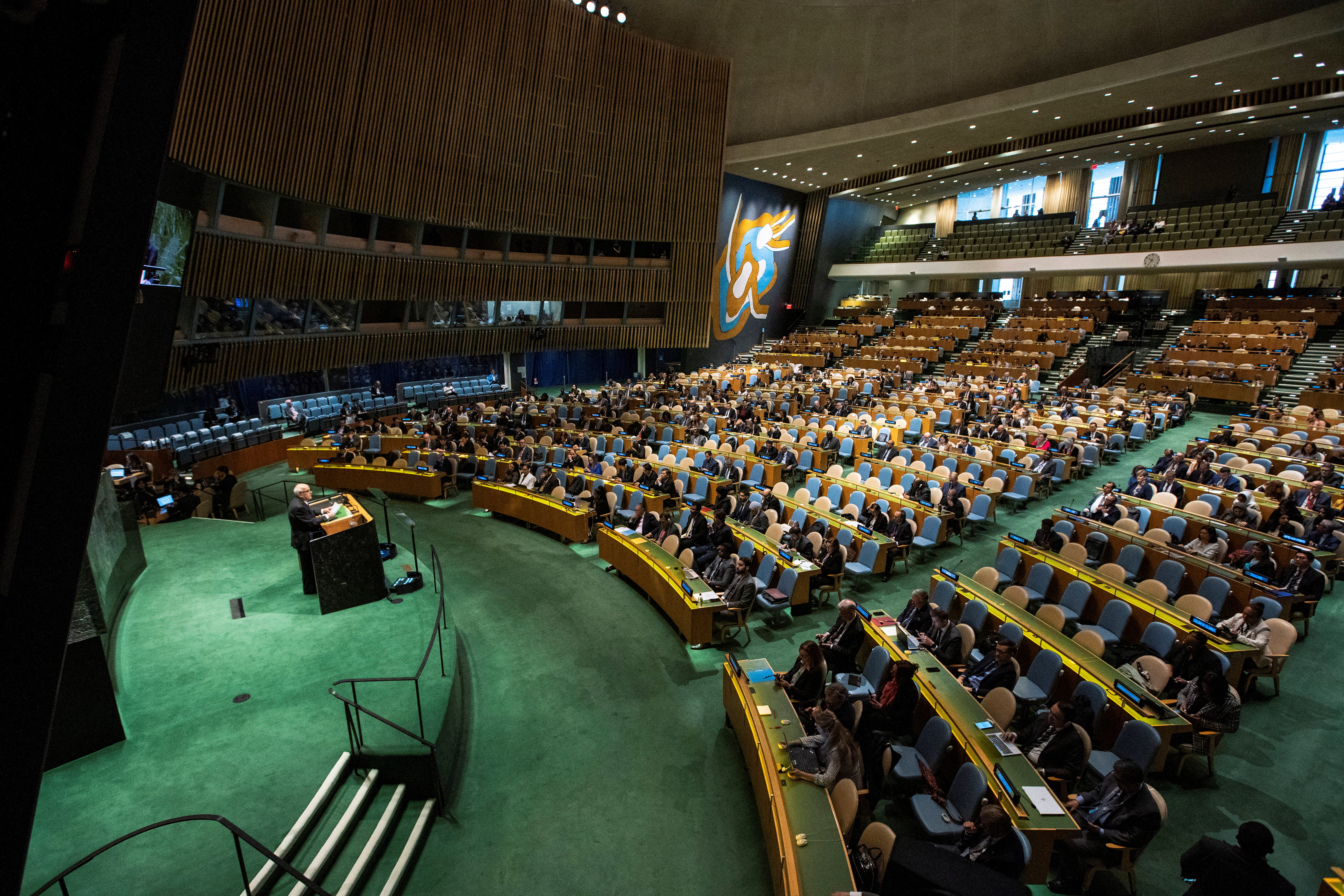 Palestinian Ambassador to the United Nations Riyad Mansour addresses delegates during the United Nations General Assembly