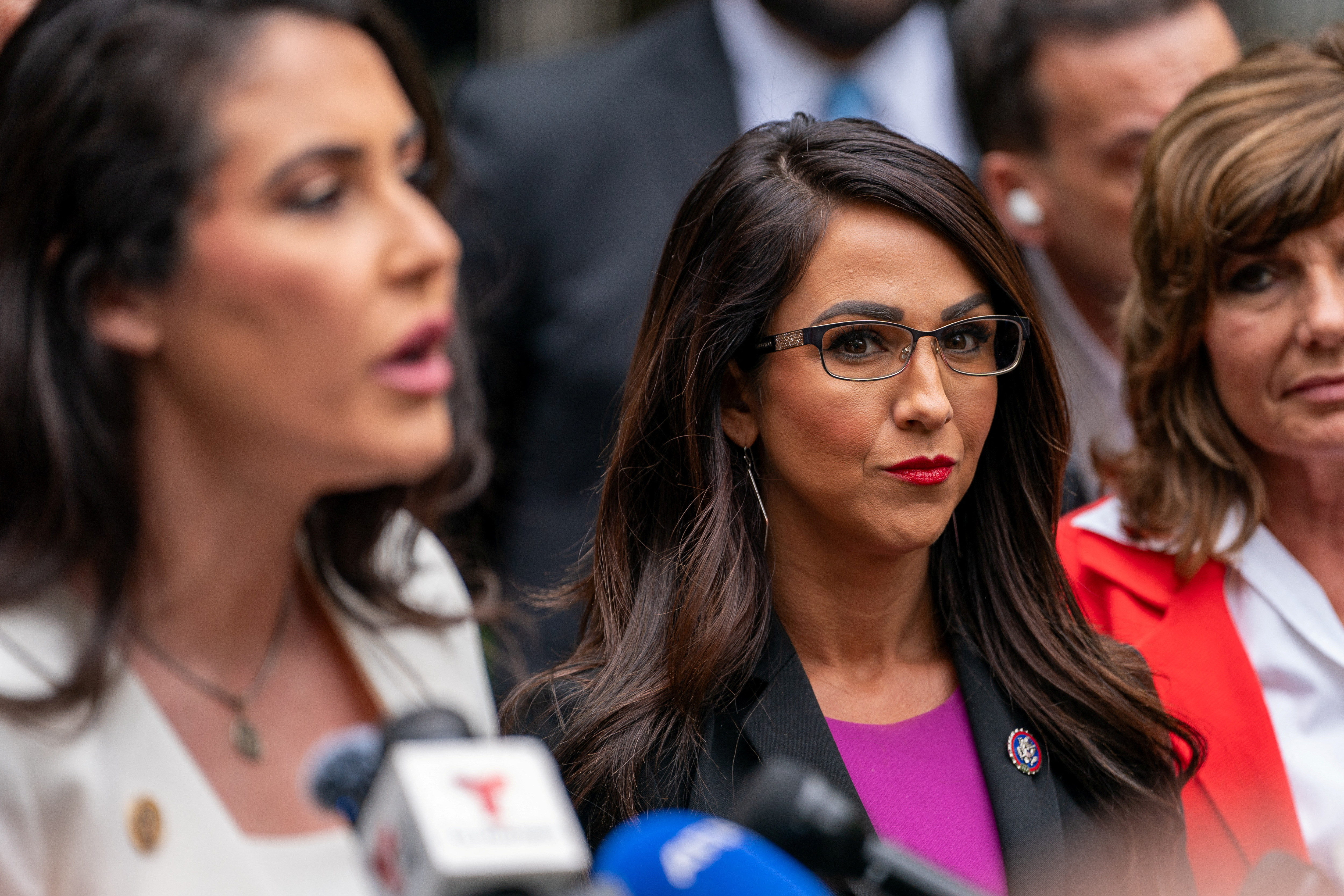 Lauren Boebert and other Republican politicians gather to give a press conference outside the Manhattan Criminal Courthouse