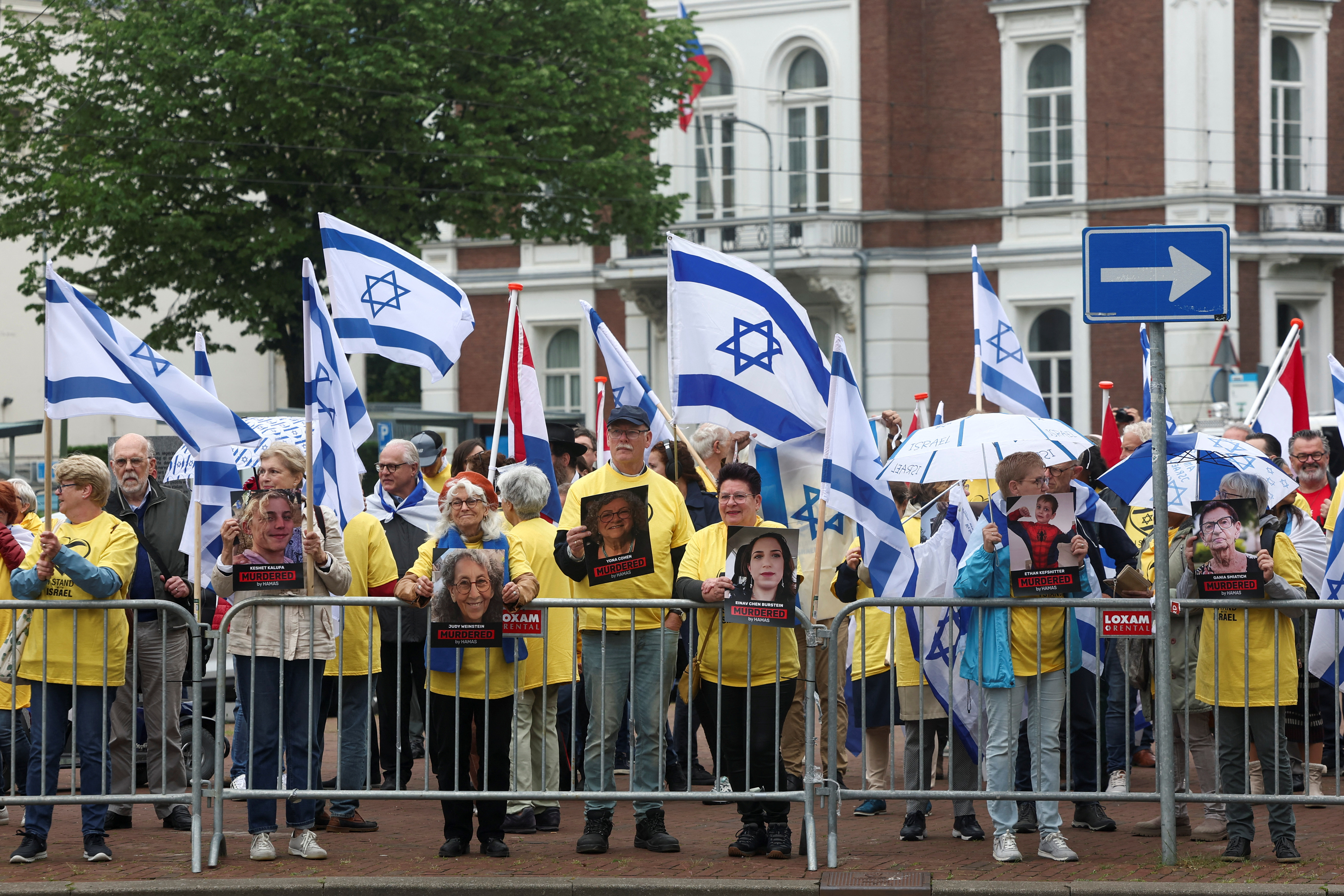 People demonstrate in support of Israel outside the International Court of Justice (ICJ) during a hearing where South Africa requests new emergency measures over Israel's attacks on Rafah, as part of an ongoing case South Africa filed at the ICJ in December last year accusing Israel of violating the Genocide Convention