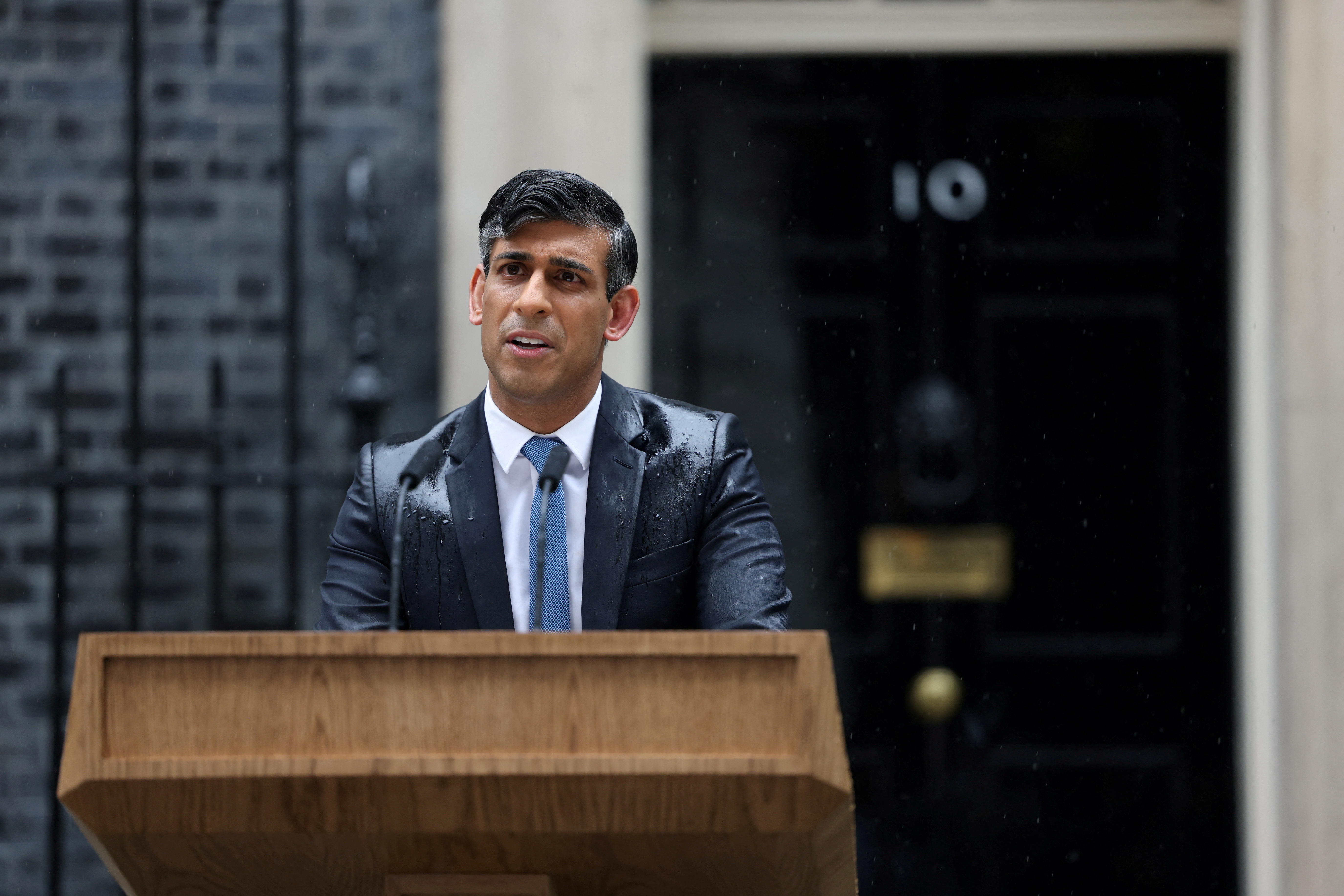 British Prime Minister Rishi Sunak delivers a speech calling for a general election