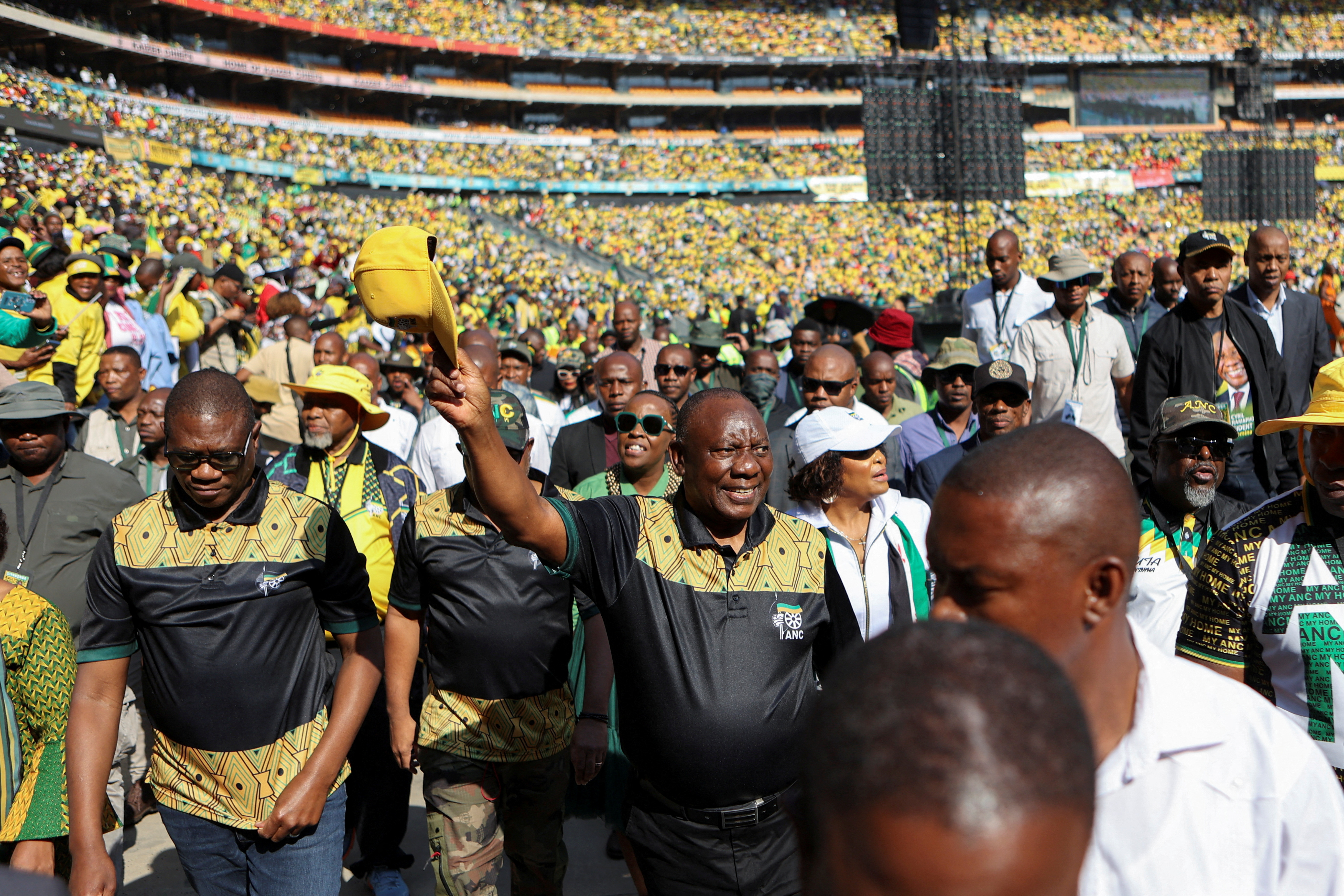 President of the African National Congress (ANC) Cyril Ramaphosa greets supporters on his arrival at the political party’s final rally ahead of the upcoming election at FNB stadium in Johannesburg, South Africa, May 25, 2024. REUTERS/Alaister Russell TPX IMAGES OF THE DAY
