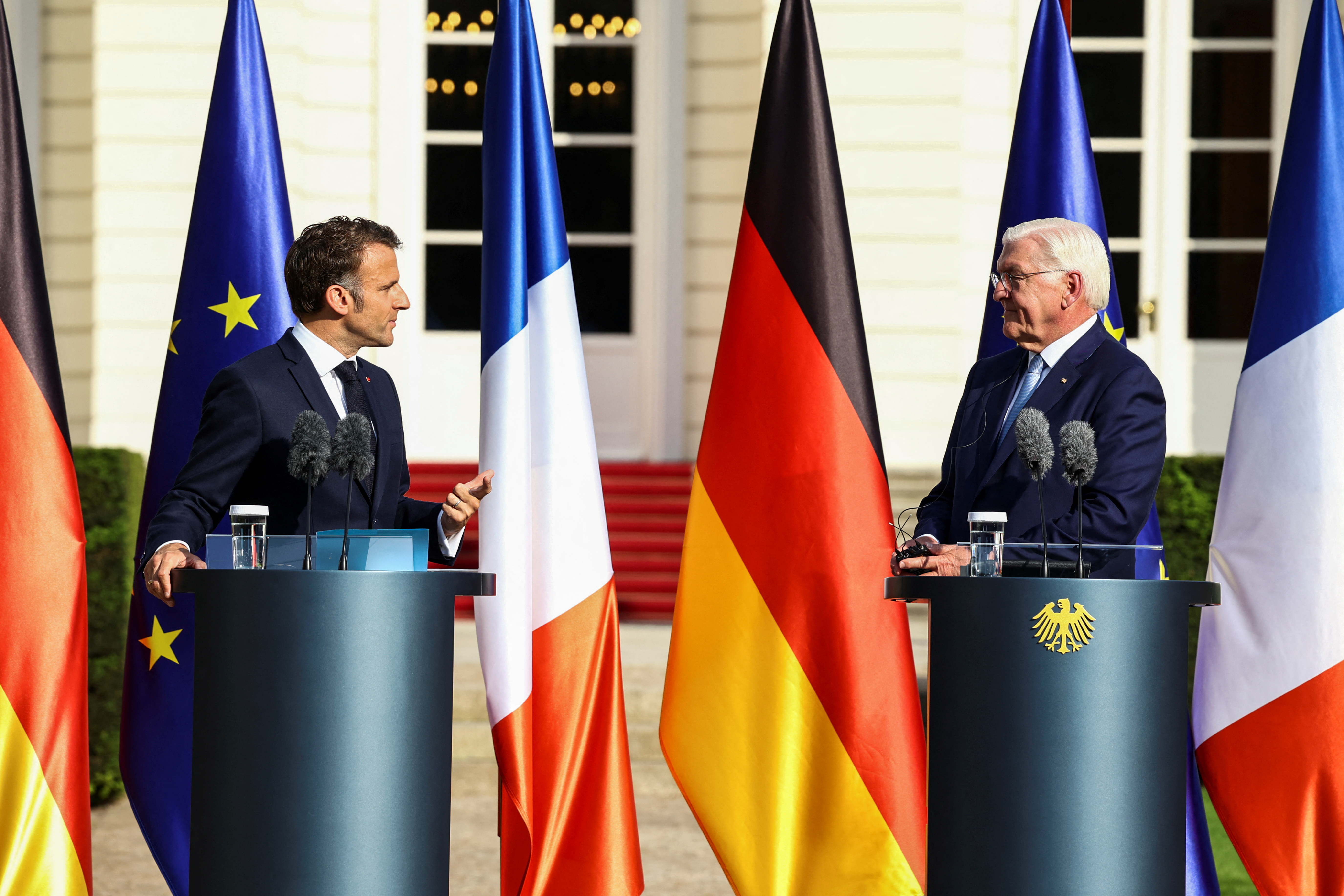 German President Frank-Walter Steinmeier and French President Emmanuel Macron speak to the press, in Berlin, Germany May 26, 2024. REUTERS/Liesa Johannssen