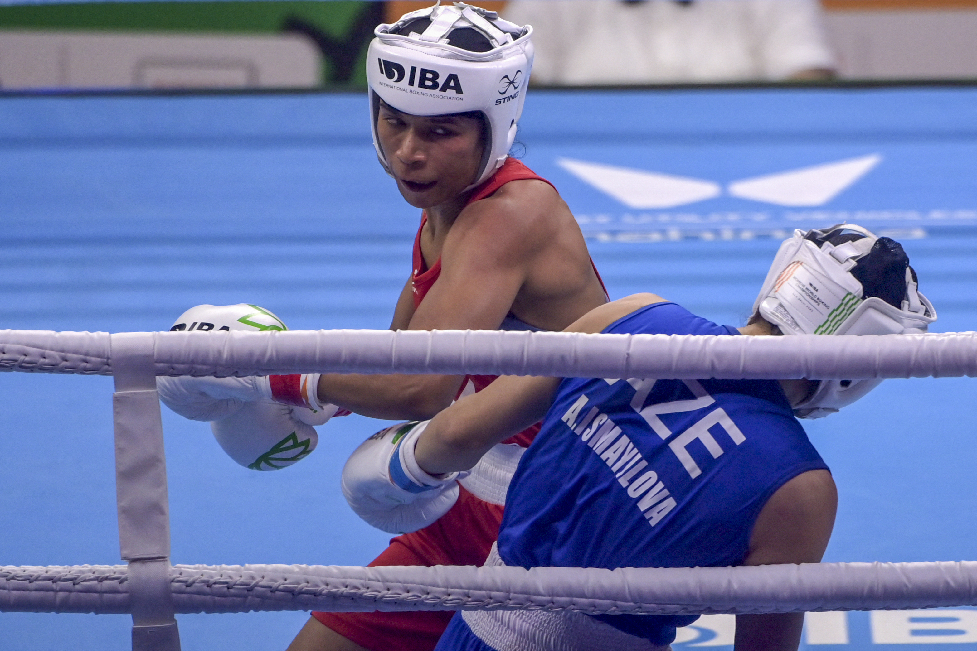 Nikhat Zareen throws a punch.