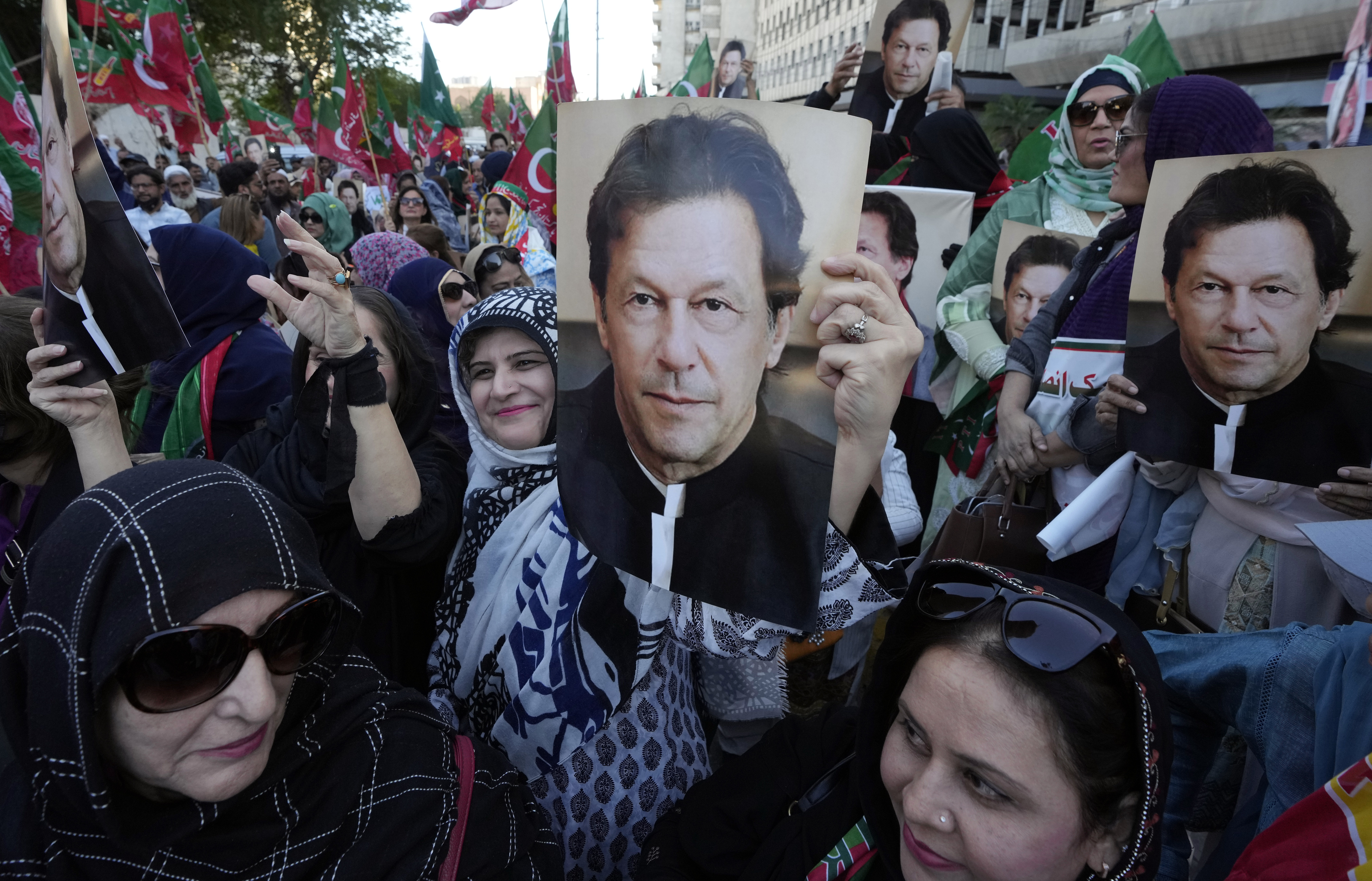 Supporters of Pakistan's Former Prime Minister Imran Khan chant slogans during a protest against the Pakistan Election Commission, in Karachi, Pakistan, Saturday, March 2, 2024