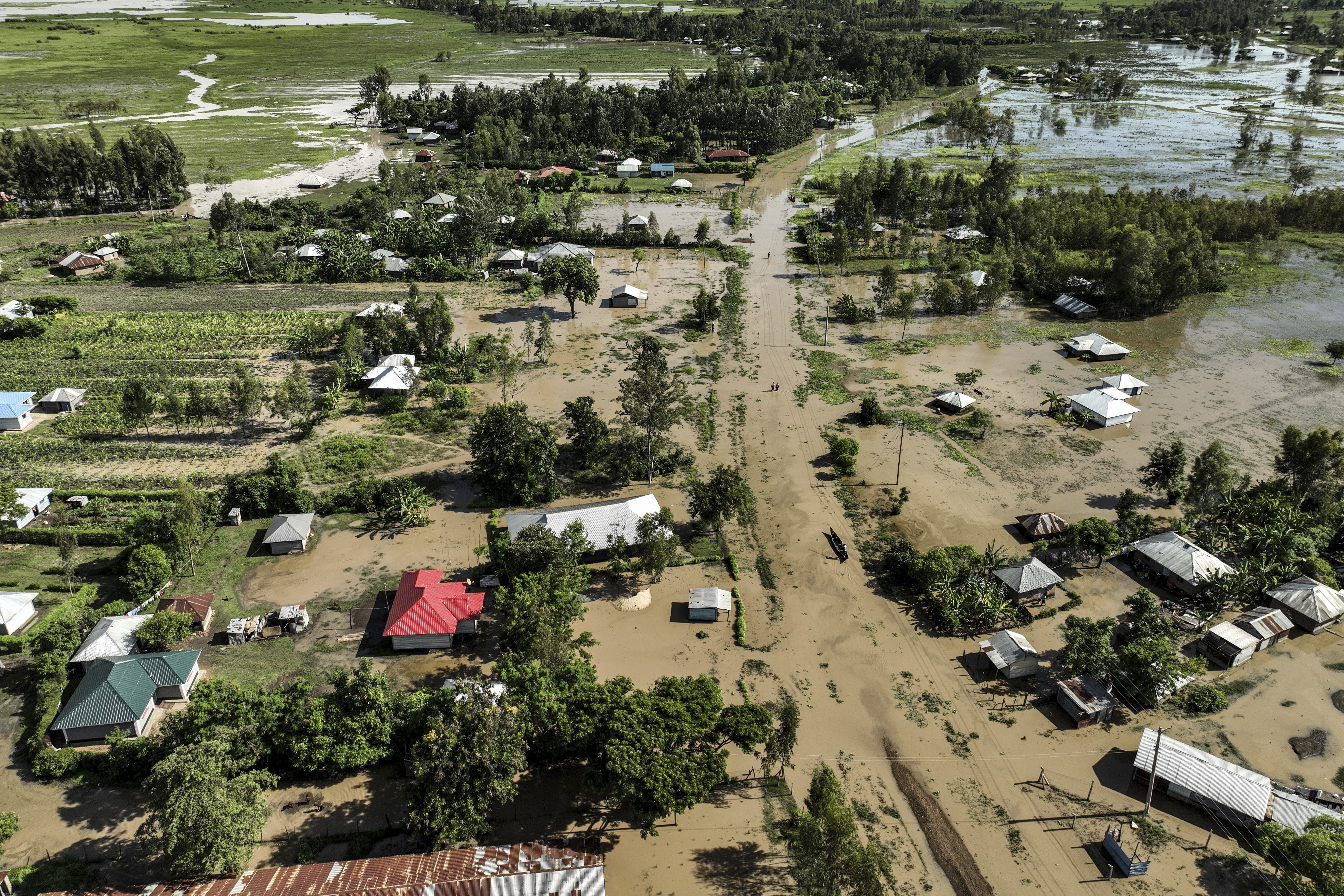 Floodwaters are visible in Ombaka Village, Kisumu, Kenya