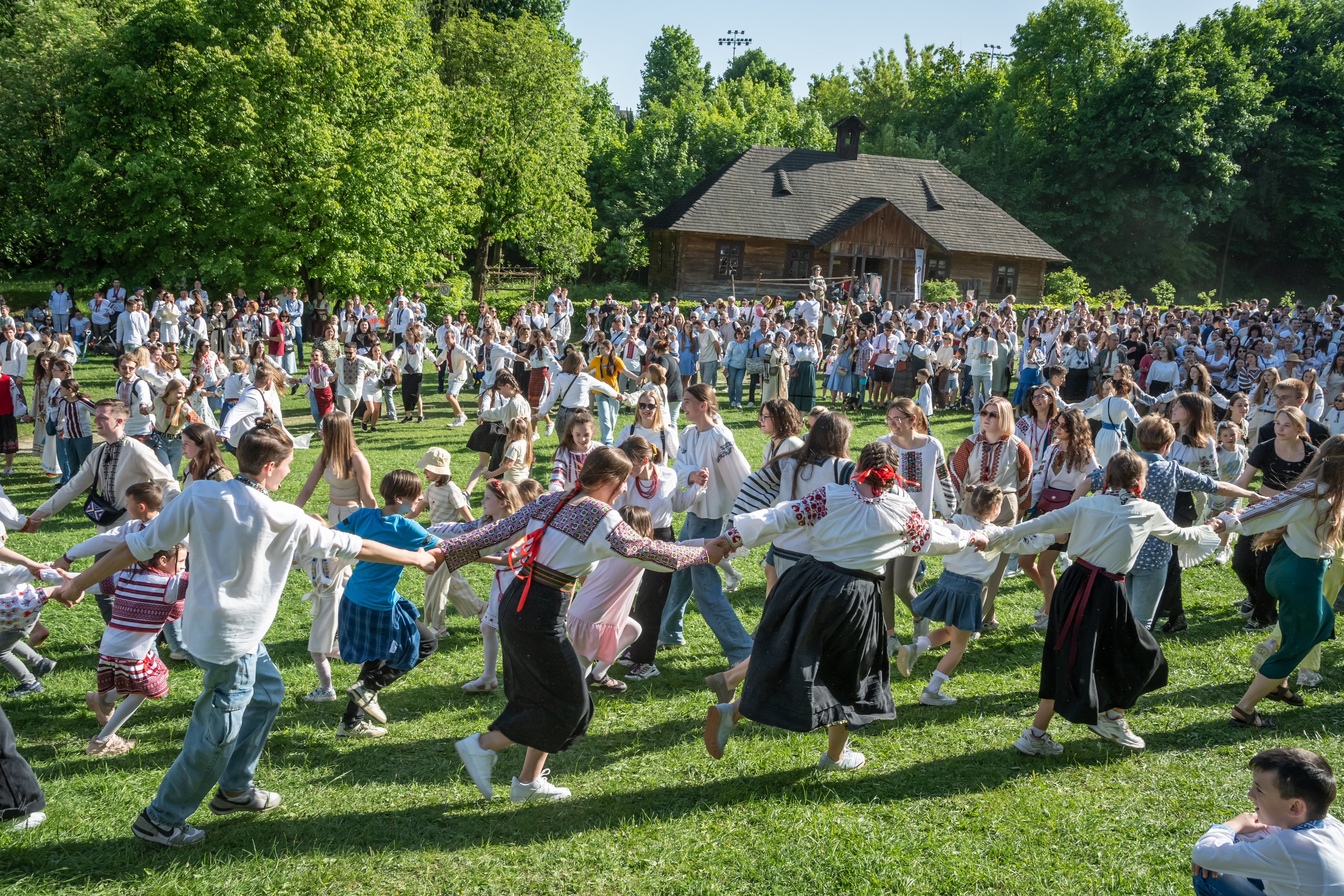 People in traditional Ukrainian clothes celebrate Easter, perform folk dances and revive national traditions at the Museum of Folk Architecture and Life