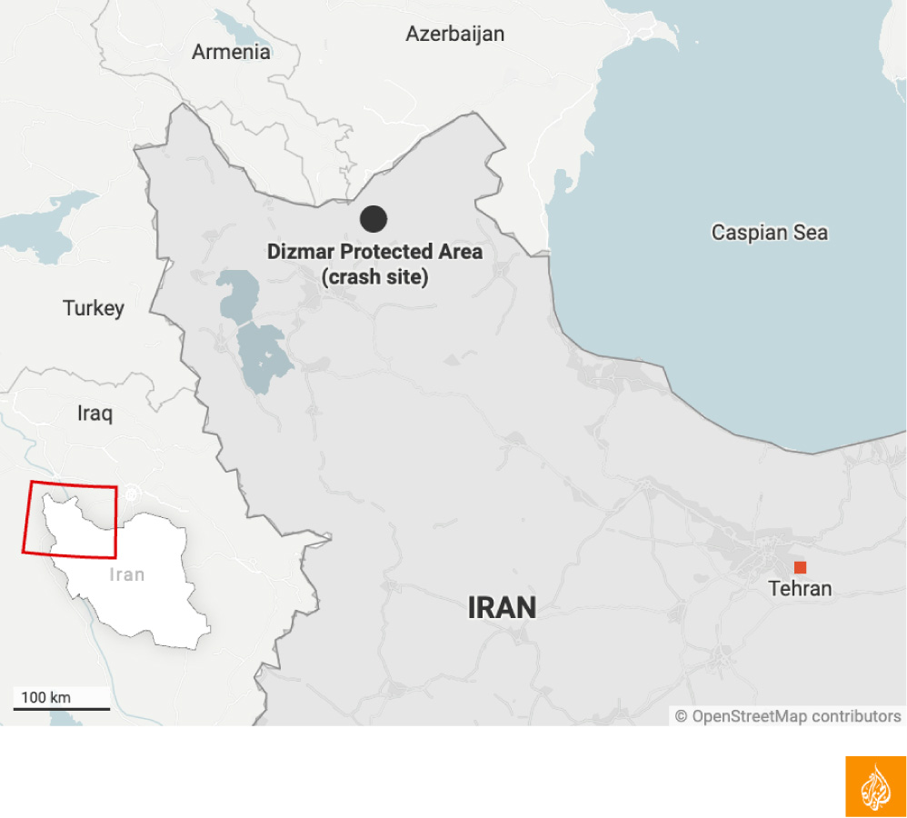 A map of the site of a helicopter crash involving Iran's President Raisi
