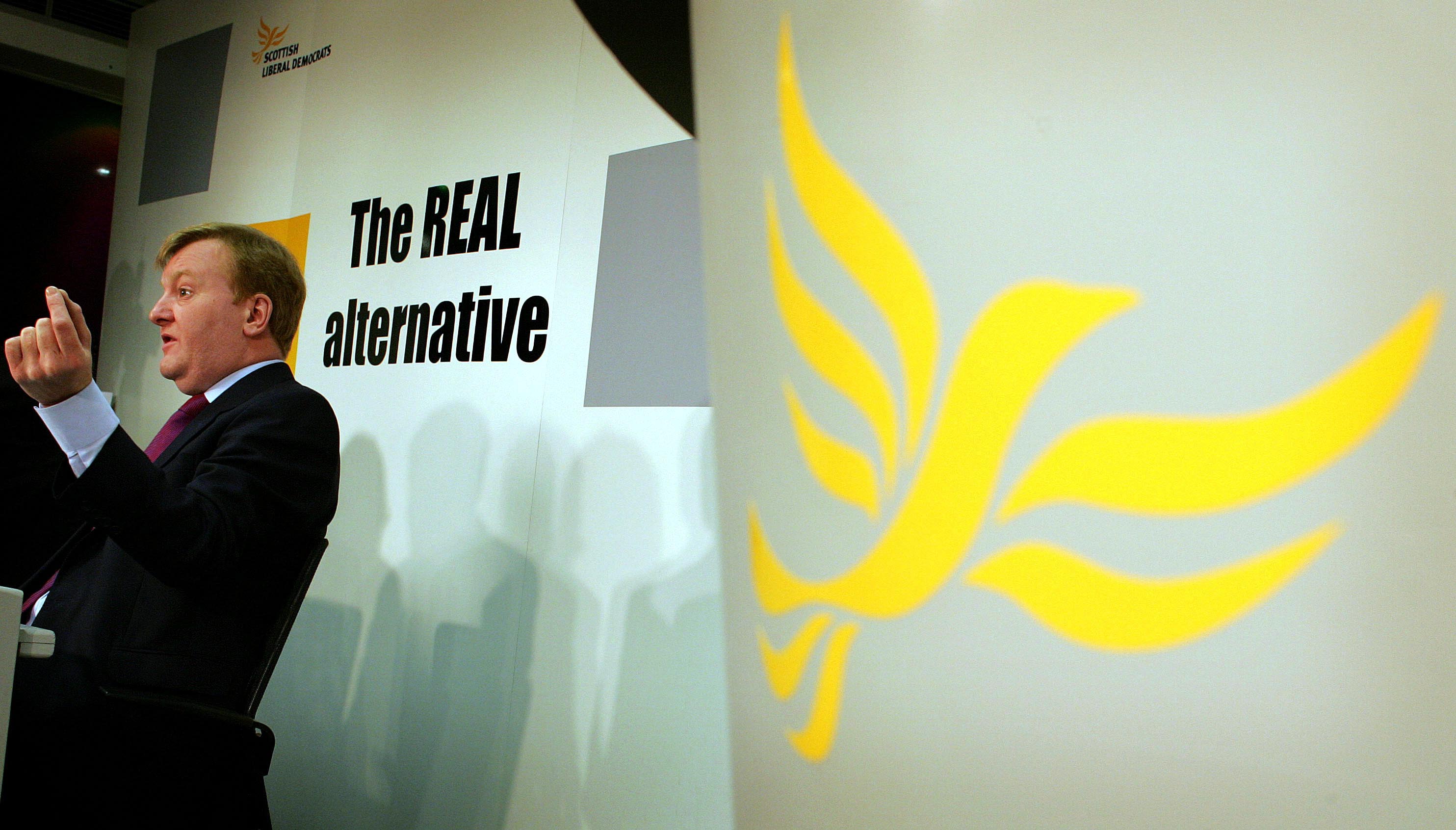 Liberal Democrats leader Charles Kennedy delivers his morning address to the press in Edinburgh April 28, 2005. [The trustworthiness of Prime Minister Tony Blair's version of events leading to the invasion of Iraq has become a common theme for both Liberal Democrats and Conservatives in the final week of campaigning for the UK General Election.]