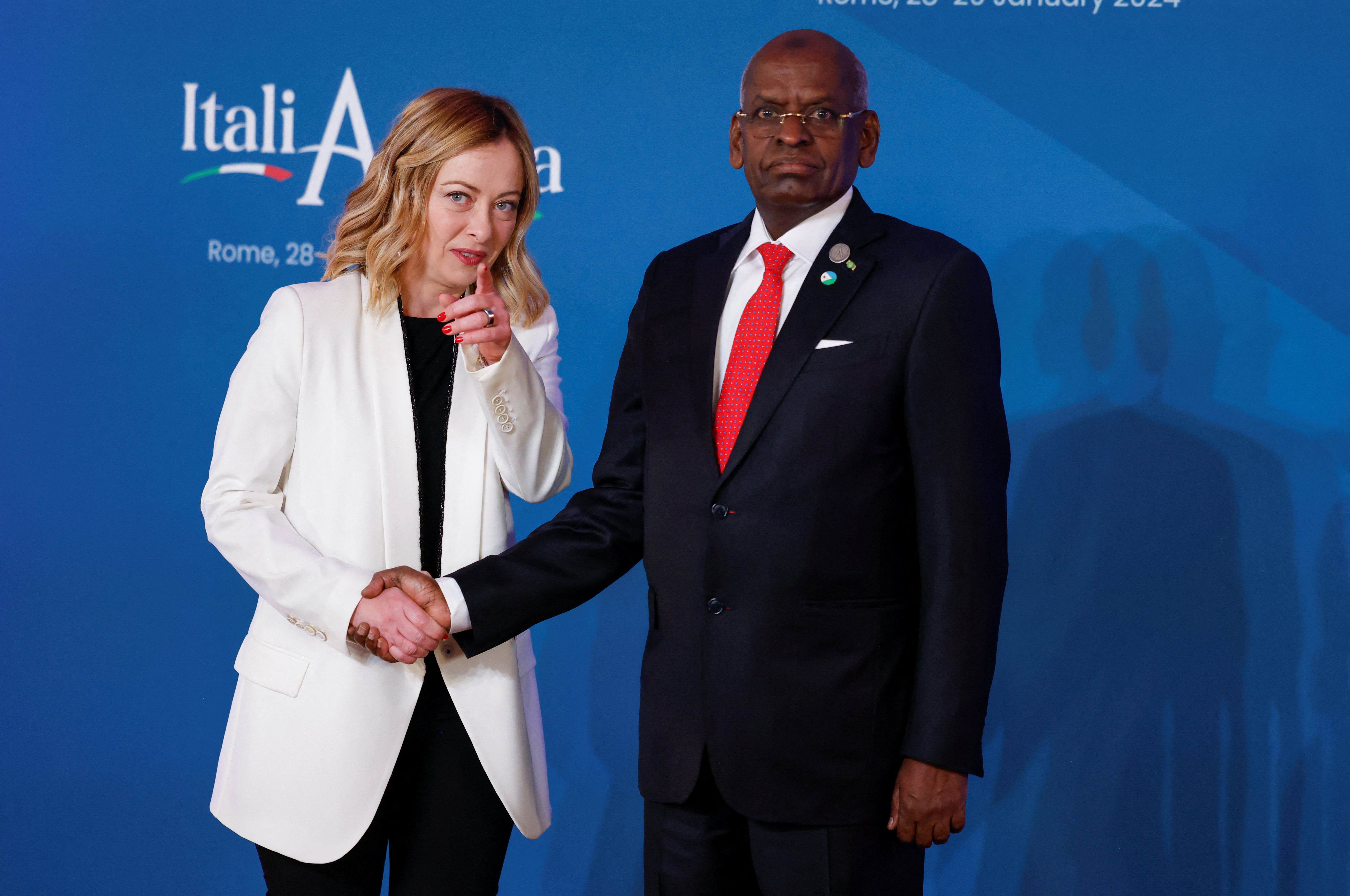 Italy's Prime Minister Giorgia Meloni meets with Prime Minister of Djibouti Abdoulkader Kamil Mohamed inside the Madama Palace (Senate) as Italy hosts the Italy-Africa summit in Rome, Italy January 29, 2024. REUTERS/Remo Casilli