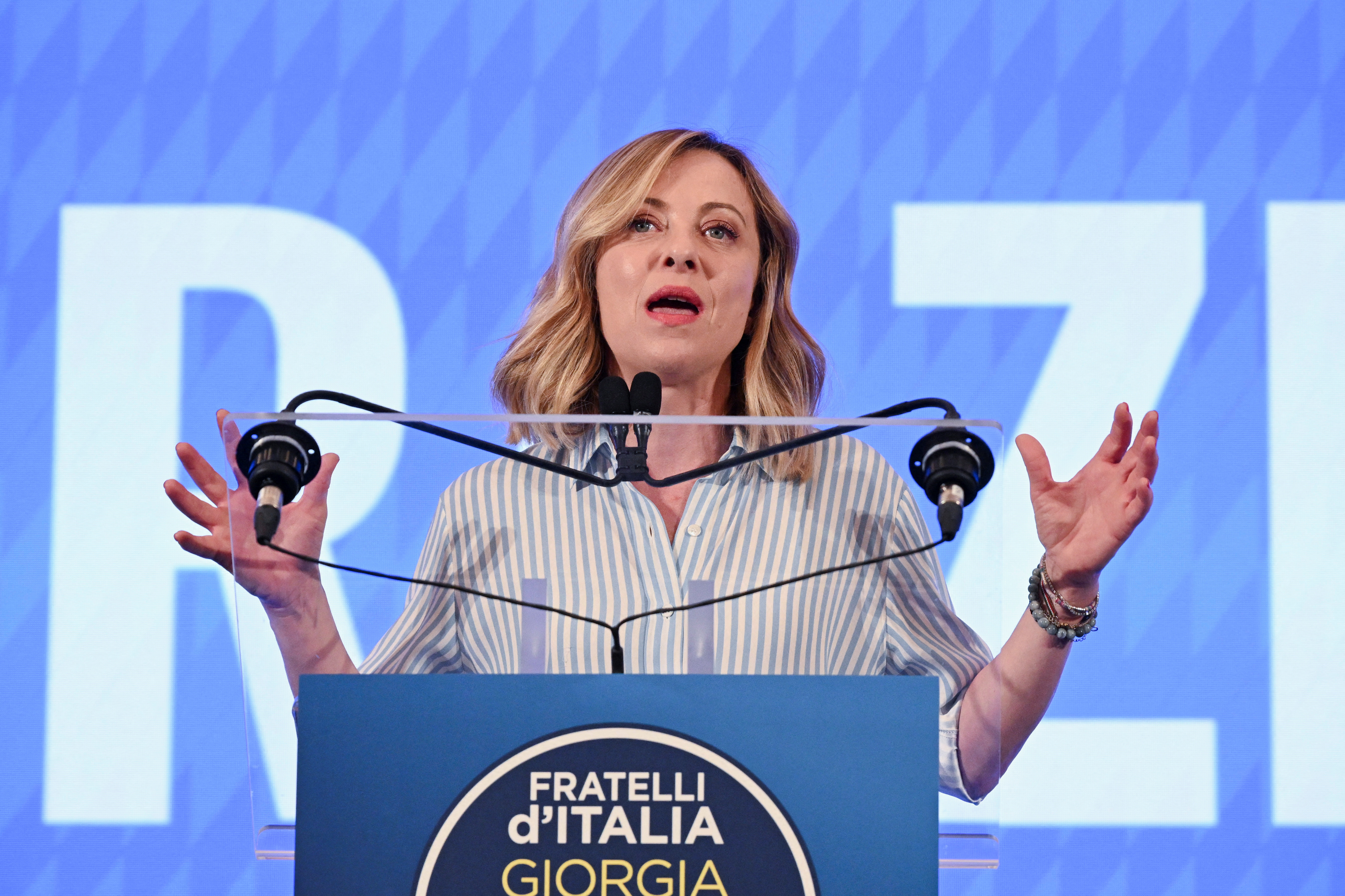 Italy's Prime Minister Giorgia Meloni speaks following the announcement of the partial results of the European Parliament elections, in Rome, Italy, June 10, 2024 REUTERS/Alberto Lingria