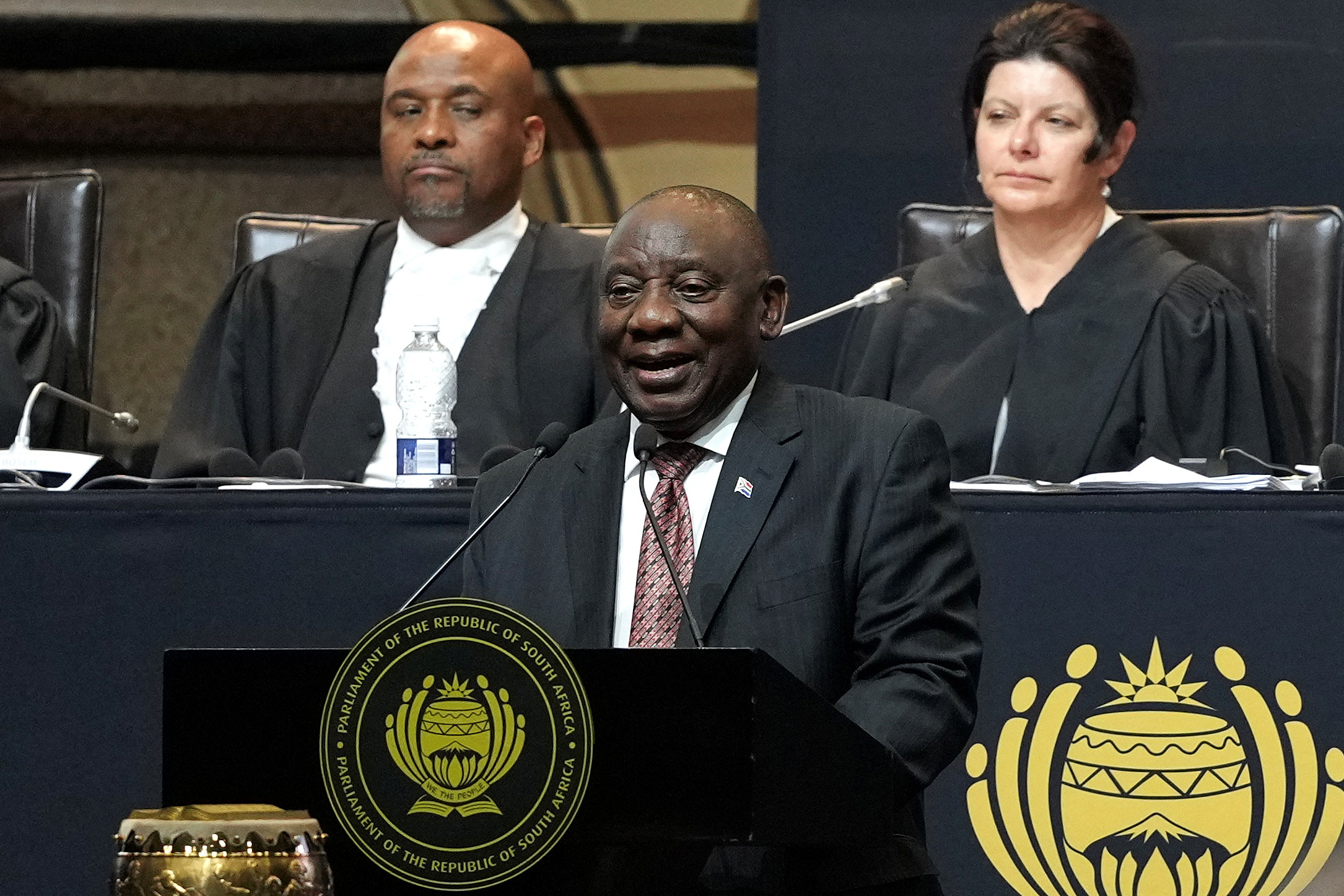 South African President Cyril Ramaphosa speaks after being re-elected as president of South Africa
