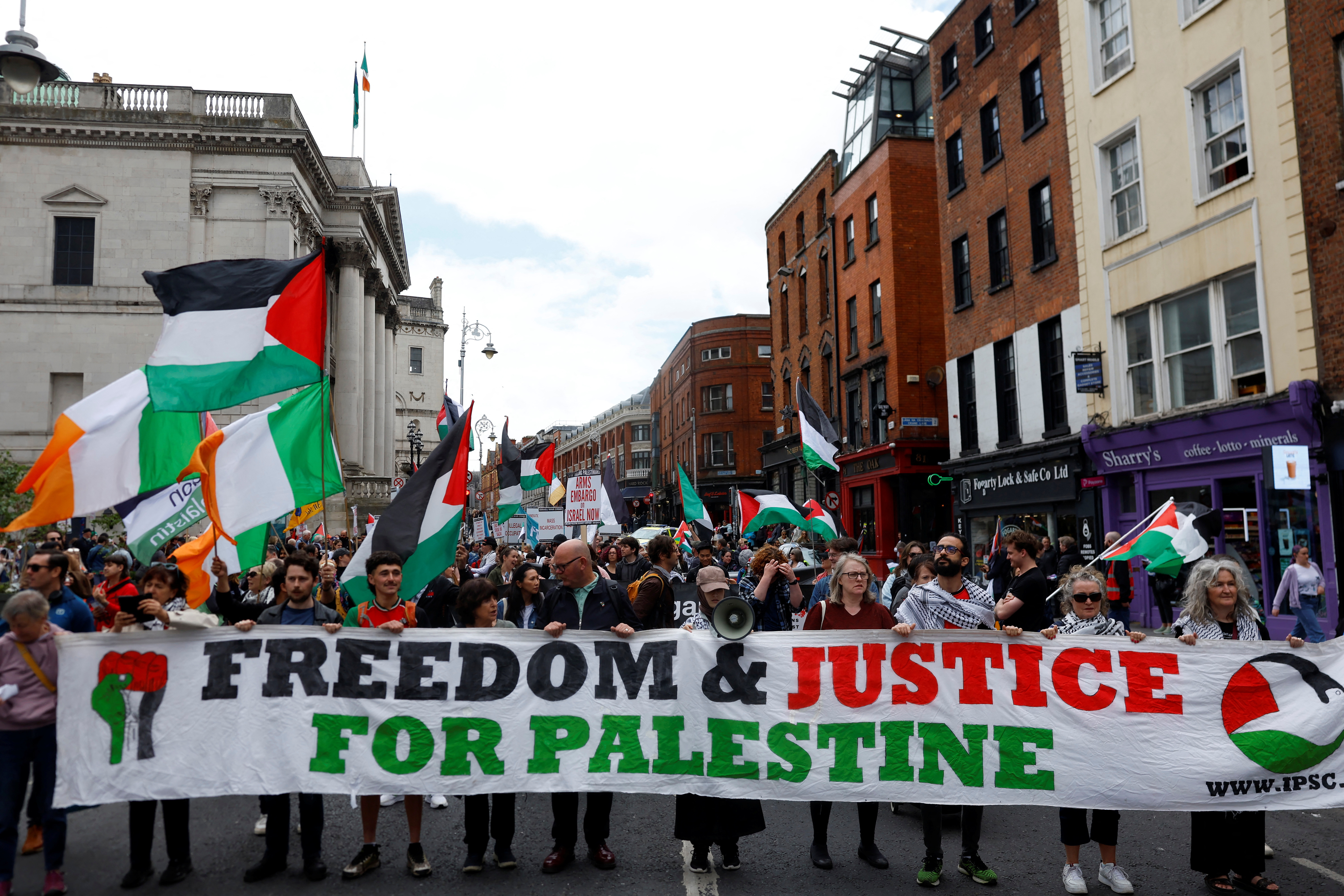 People protest calling for governments around the world to stop arming Israel during a demonstration in solidarity with Palestinians in Gaza, amid the ongoing conflict between Israel and Hamas, in Dublin, Ireland, June 15, 2024. REUTERS/Clodagh Kilcoyne