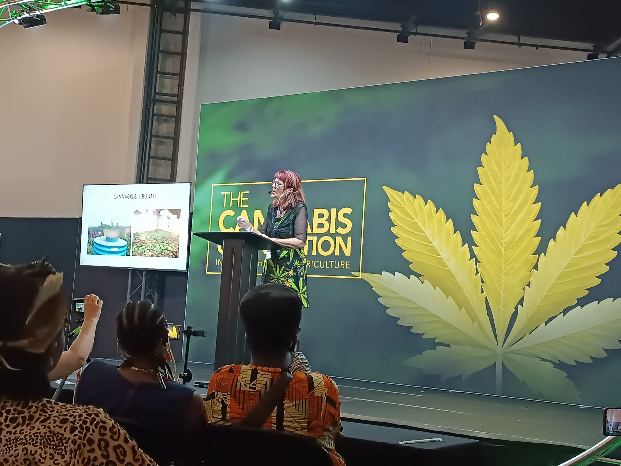The 2022 Cannabis Expo in Johannesburg, including Myrtle Clarke speaking (white woman wearing glasses)