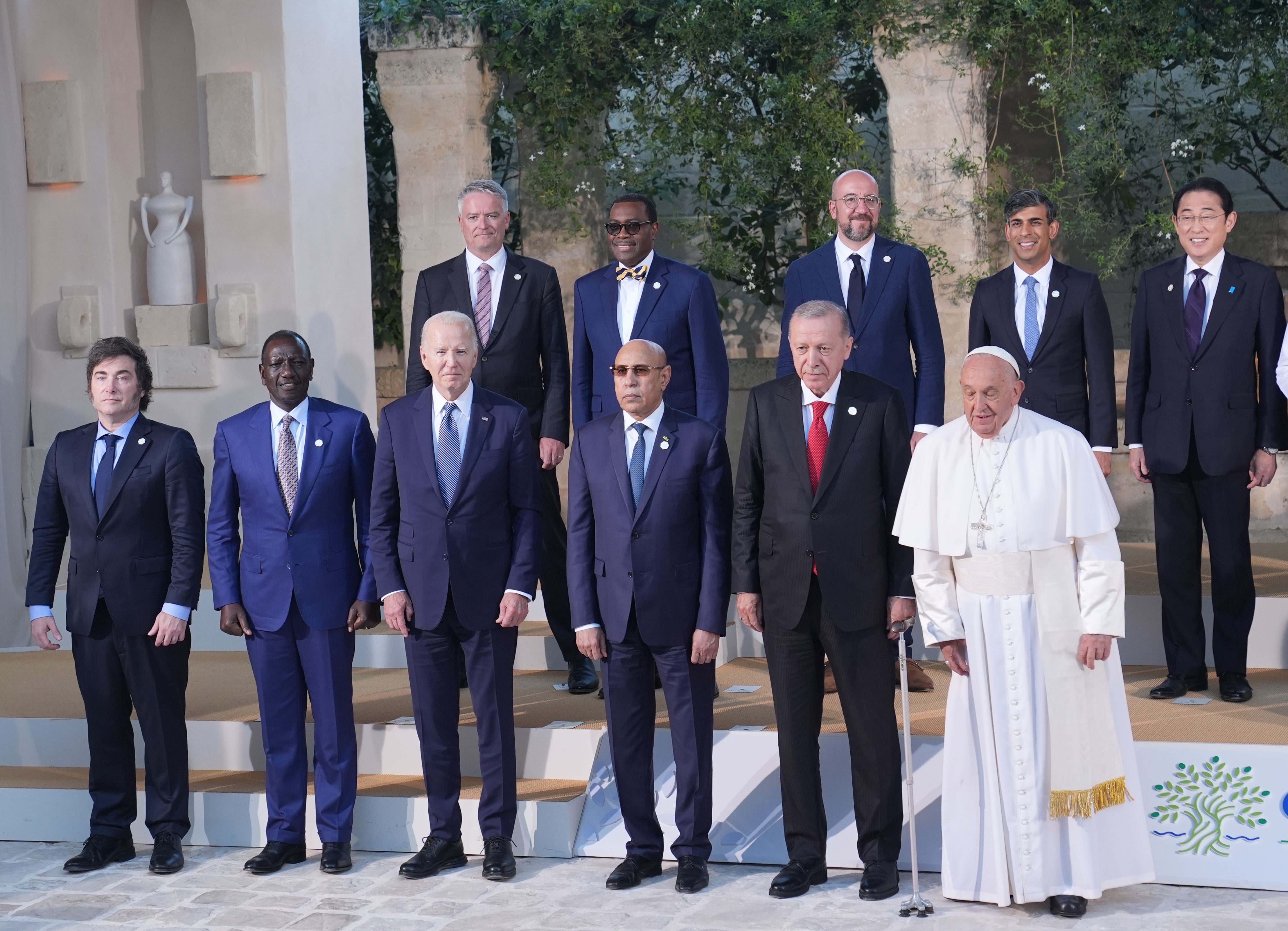 Turkish President Recep Tayyip Erdogan, Pope Francis, US President Joe Biden, British Prime Minister Rishi Sunak, President of Argentina Javier Milei Japanese Prime Minister Fumio Kishida and European Council President Charles Michel take part in the family photo after attending the 50th G7 summit in Apulia, region of Italy on June 14, 2024 [Muhammed Selim Korkutata /Anadolu Agency]