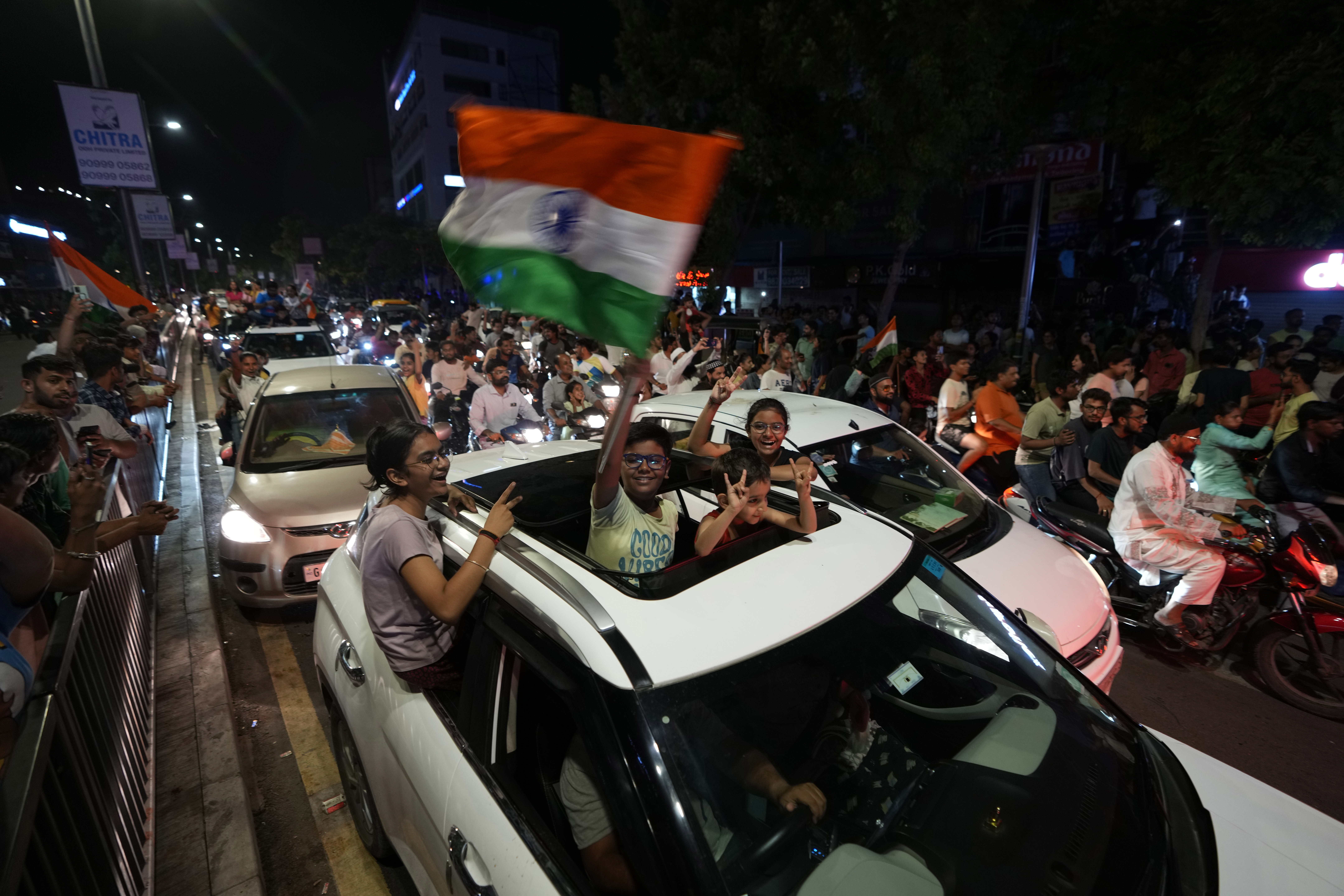 Cricket fans throng on streets to celebrate after India won the ICC Men's T20 World Cup final match against South Africa played at Barbados, in Ahmedabad, India, Sunday, June 30