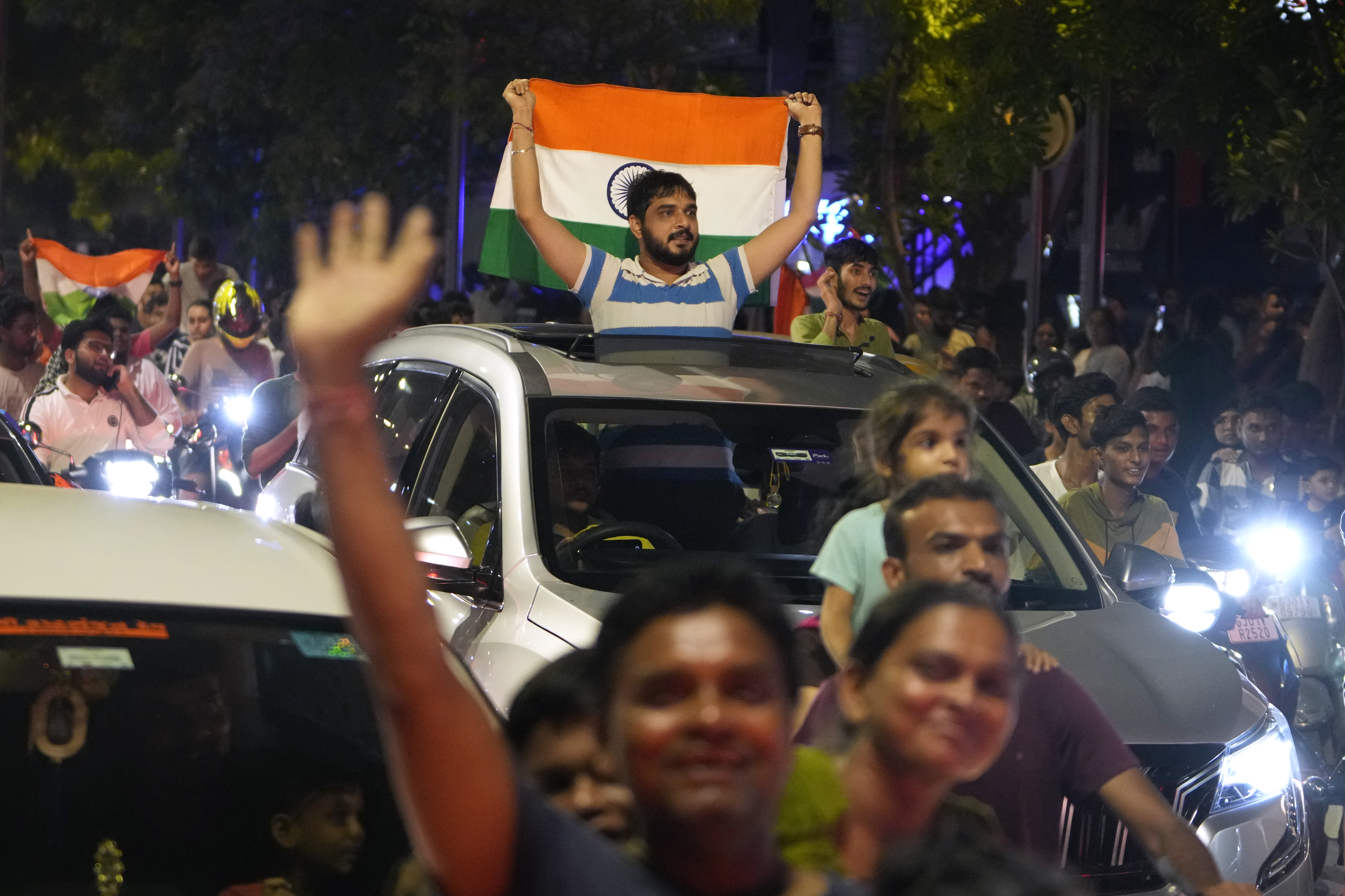 Cricket fans throng on streets to celebrate after India won the ICC Men's T20 World Cup final match against South Africa played at Barbados, in Ahmedabad, India, Sunday, June 30