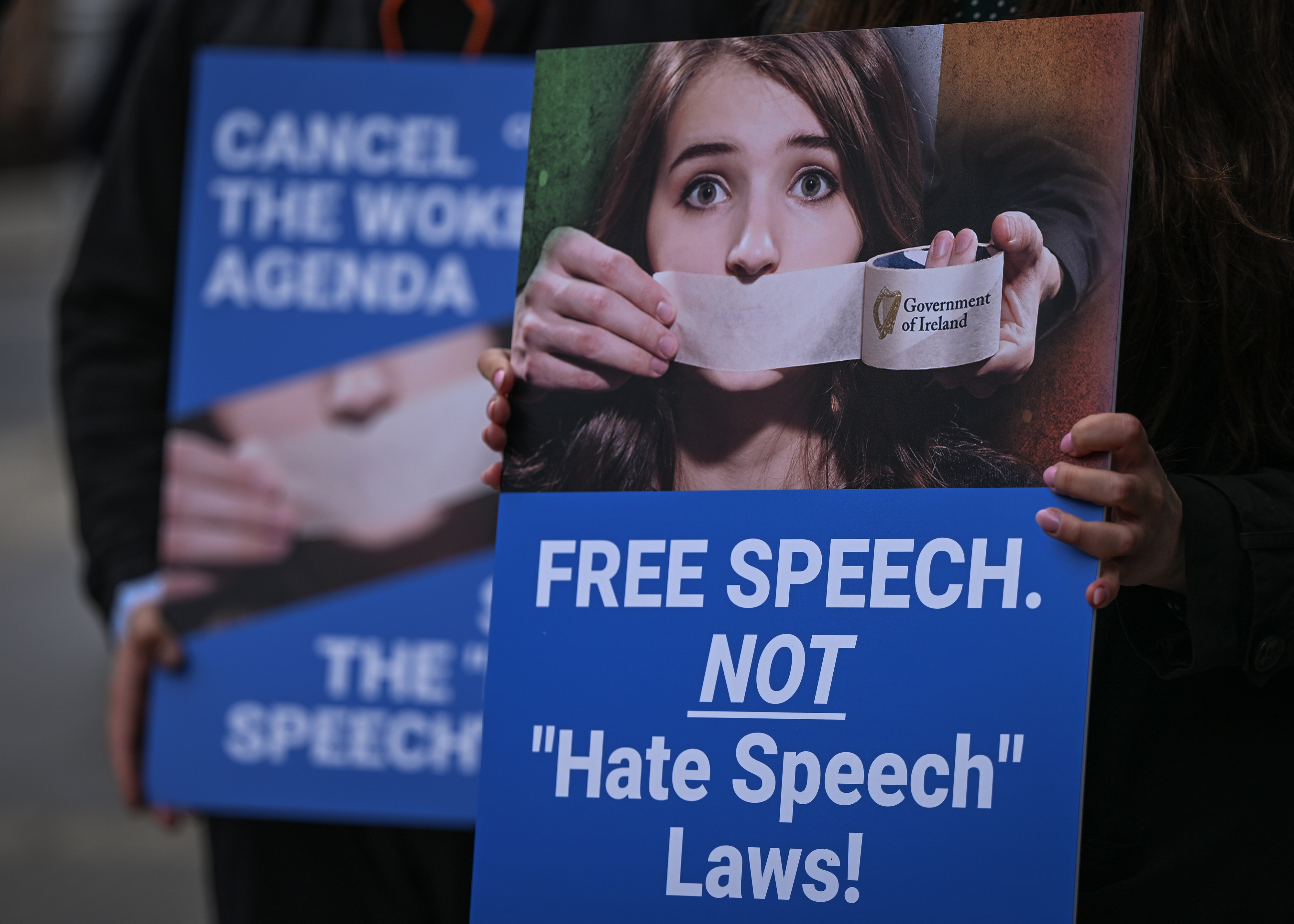 Activists from the CitizenGO advocacy group stage a symbolic protest outside Leinster House, the Irish parliament building, demanding the immediate scrapping of the 'Woke Hate Speech' bill, on May 22, 2024 [Artur Widak/NurPhoto via Getty Images]