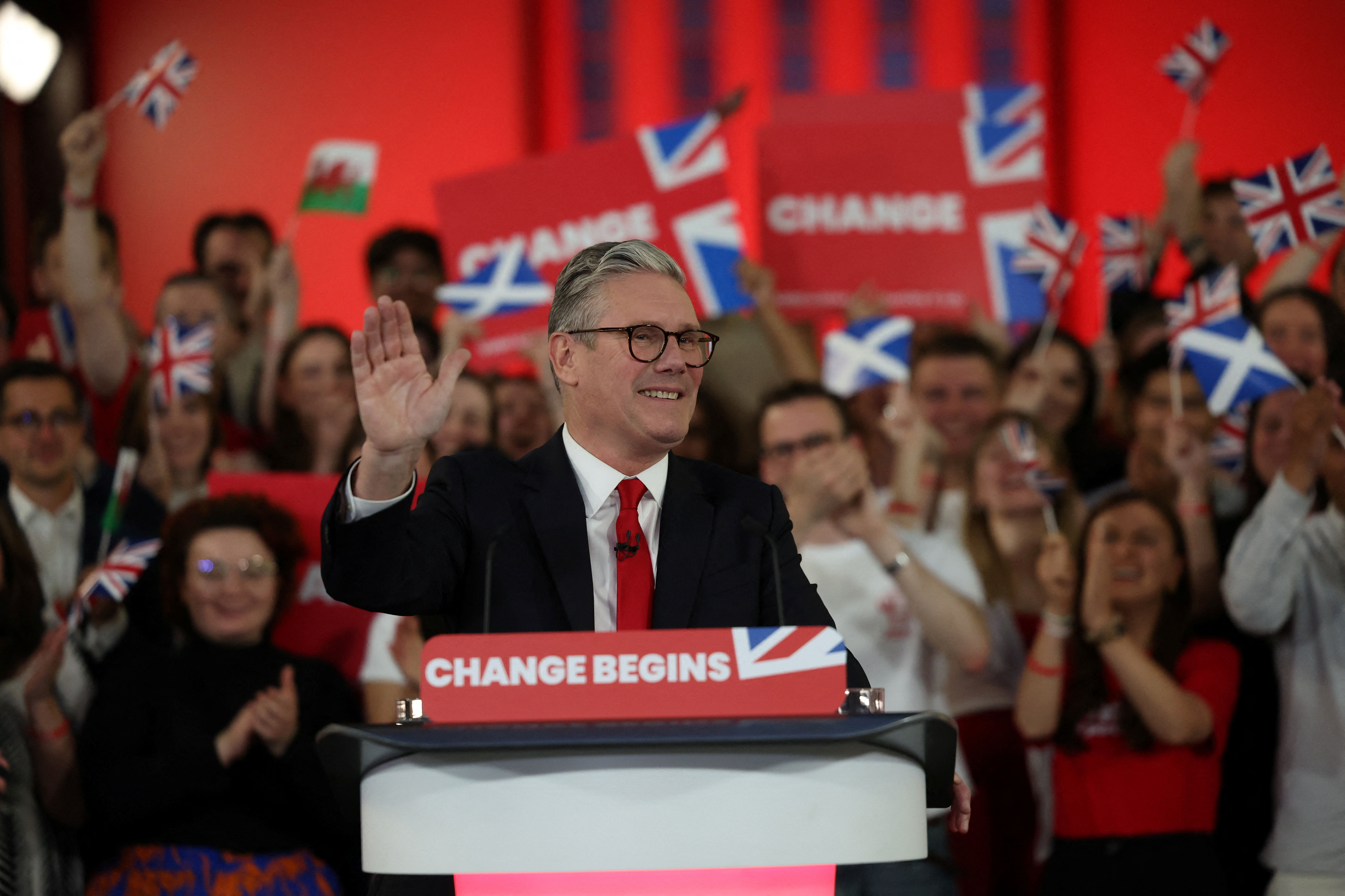 Keir Starmer, leader of Britain's Labour party, reacts as he speaks at a reception to celebrate his win in the election, at Tate Modern, in London, Britain, July 5, 2024.