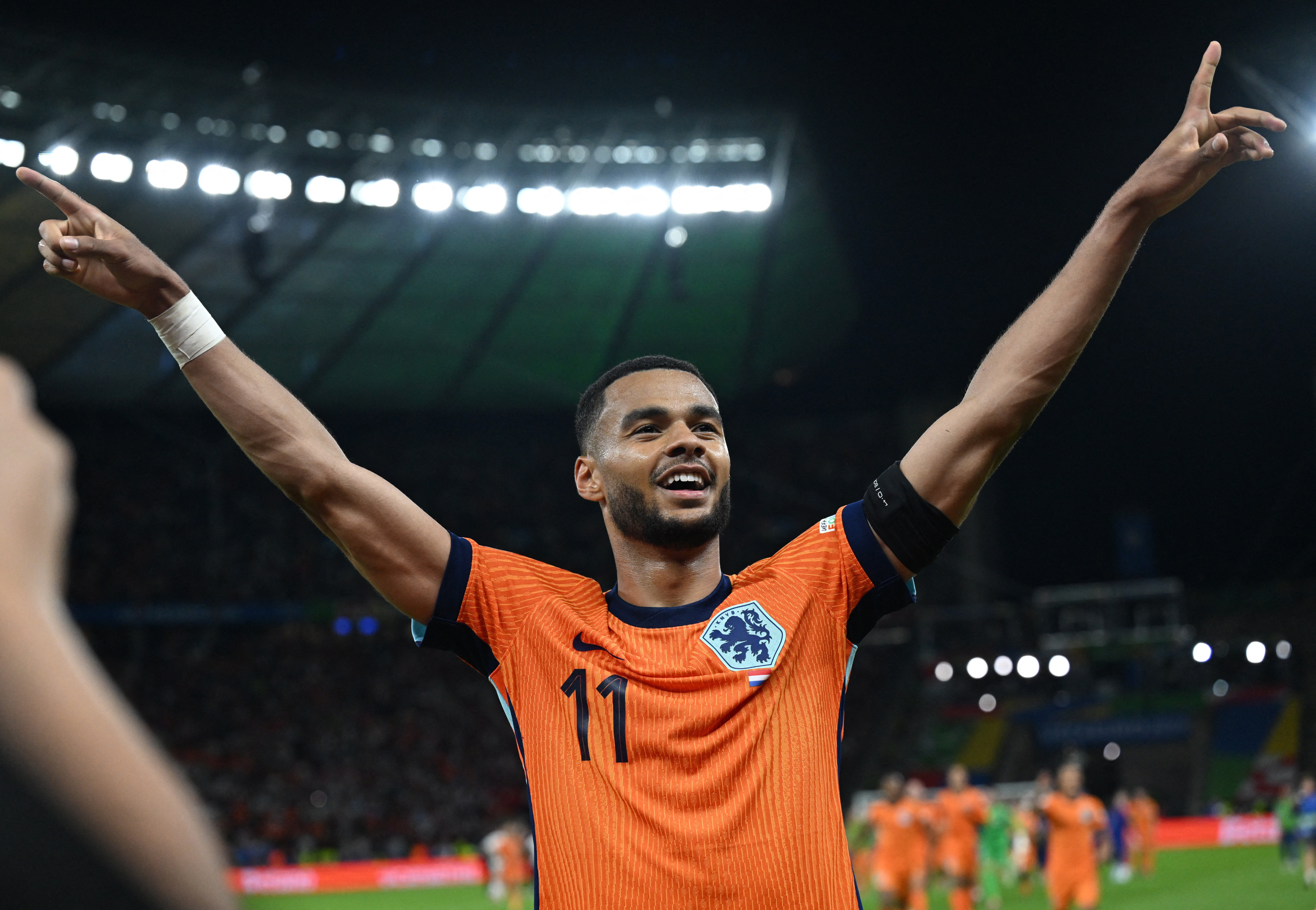 Football player celebrates victory.