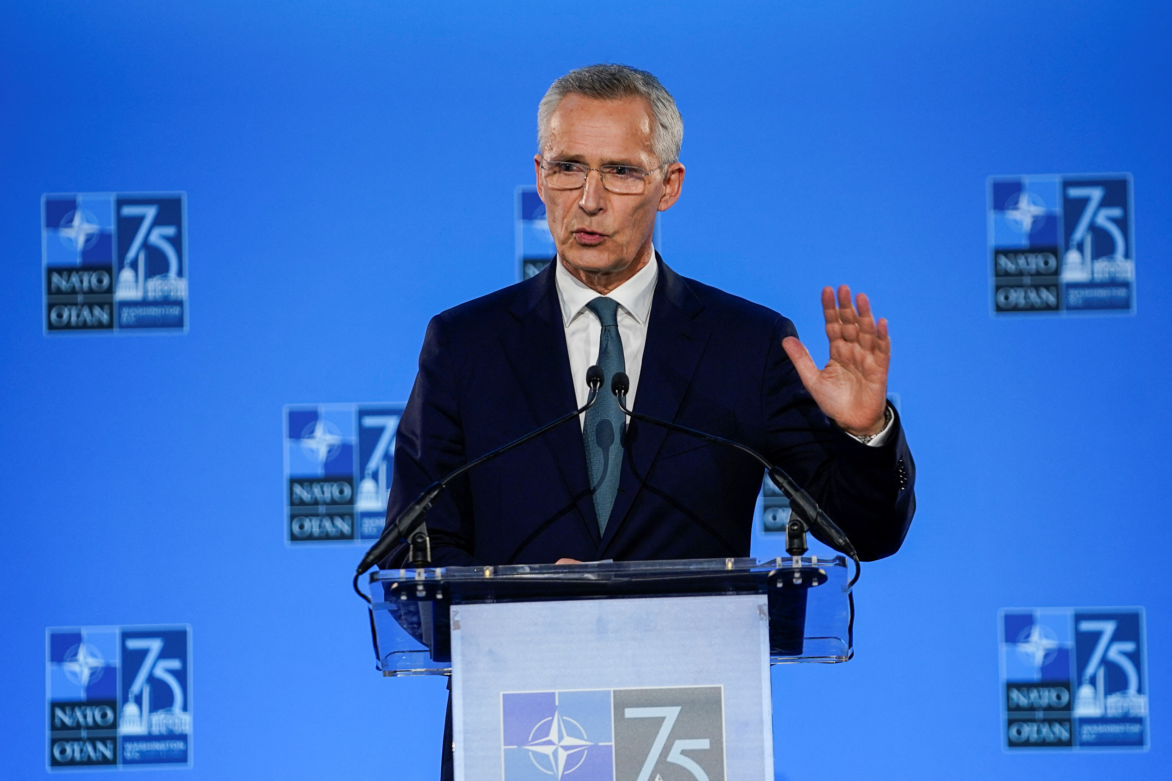 NATO Secretary General Jens Stoltenberg holds a press conference, during NATO's 75th anniversary summit, in Washington, U.S.