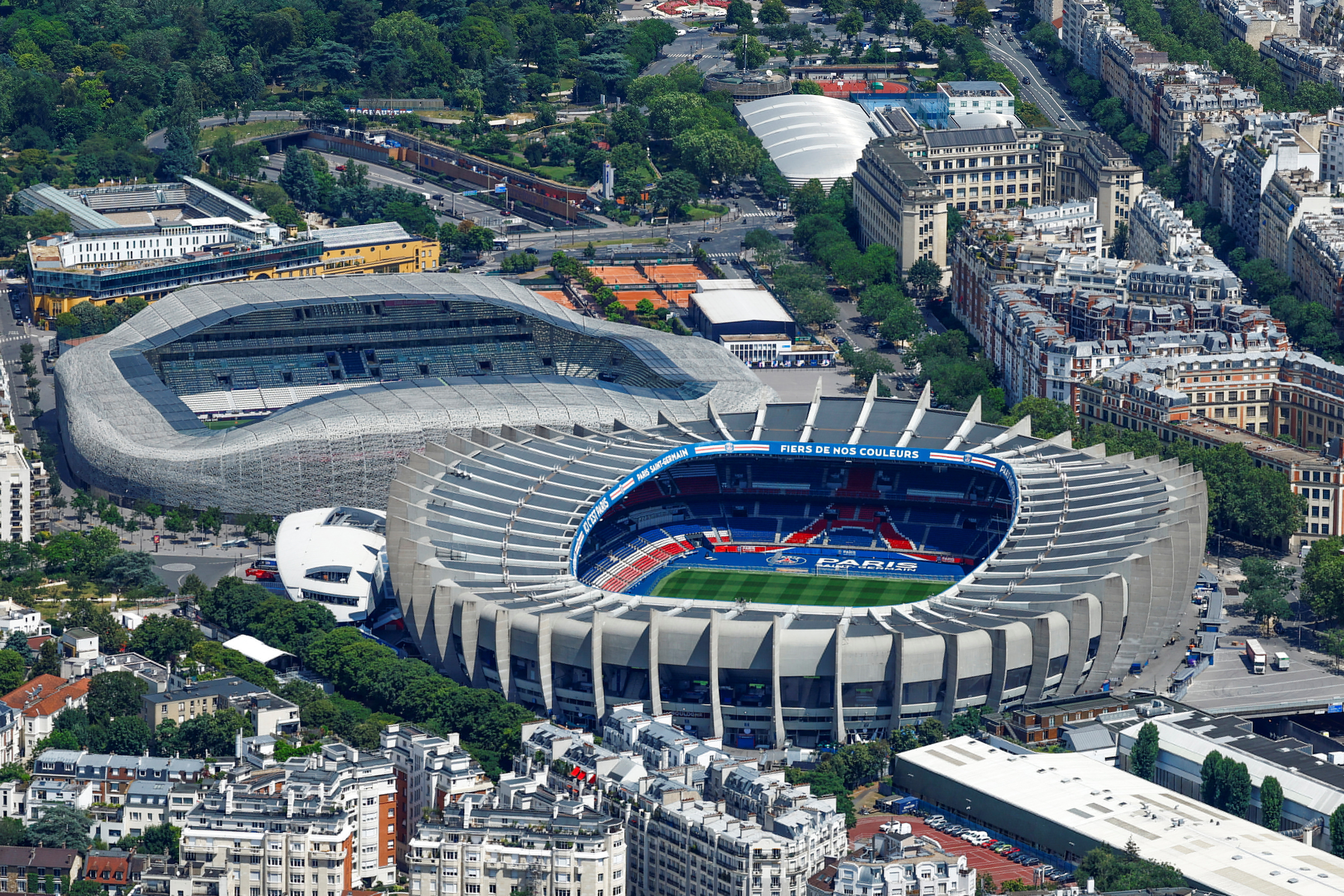 An aerial view shows the Parc des Princes stadium and the Jean Bouin stadium ahead of the Paris 2024 Olympics and Paralympics Games in Paris, France, July 10, 2024. REUTERS/Gonzalo Fuentes