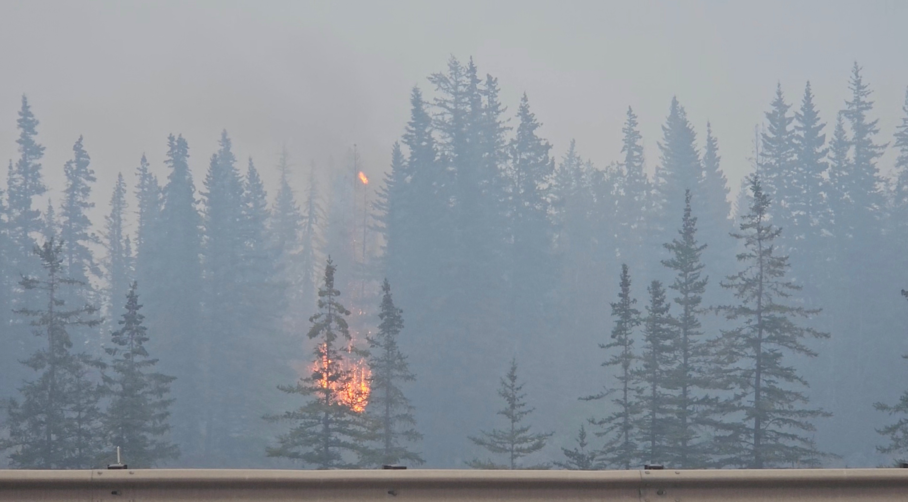 Flames and smoke from a wildfire near Jasper National Park