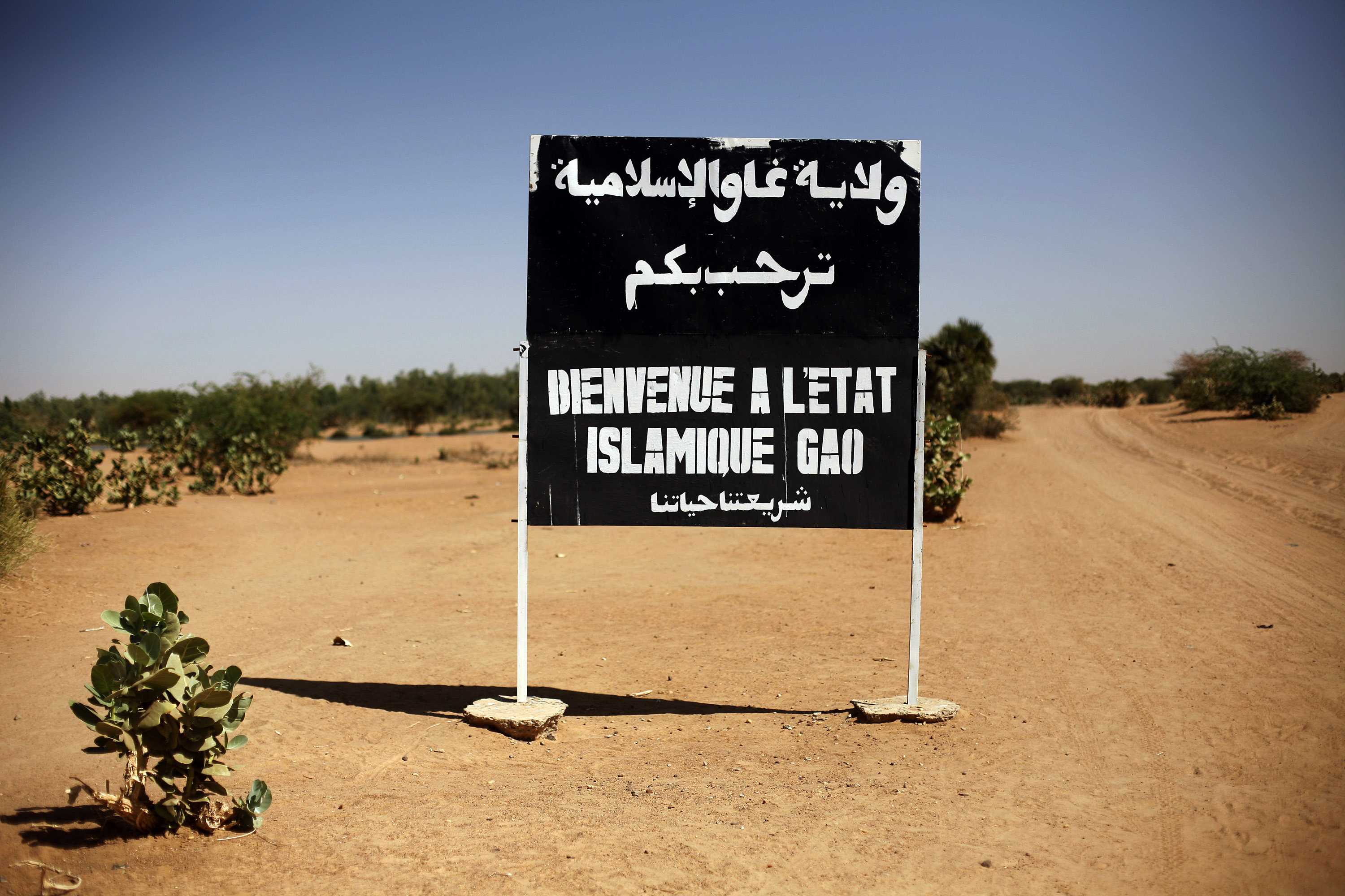 A sign on the road near Gao in Northern Mali, reads 'Welcome to the Islamic state of Gao'. Communities have been fleeing the area due to violence from armed groups [File: Jerome Delay/AP]