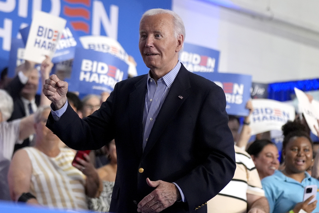 President Joe Biden greets supporters at a campaign rally at Sherman Middle School in Madison, Wis., Friday, July 5, 2024. (AP Photo/Manuel Balce Ceneta)