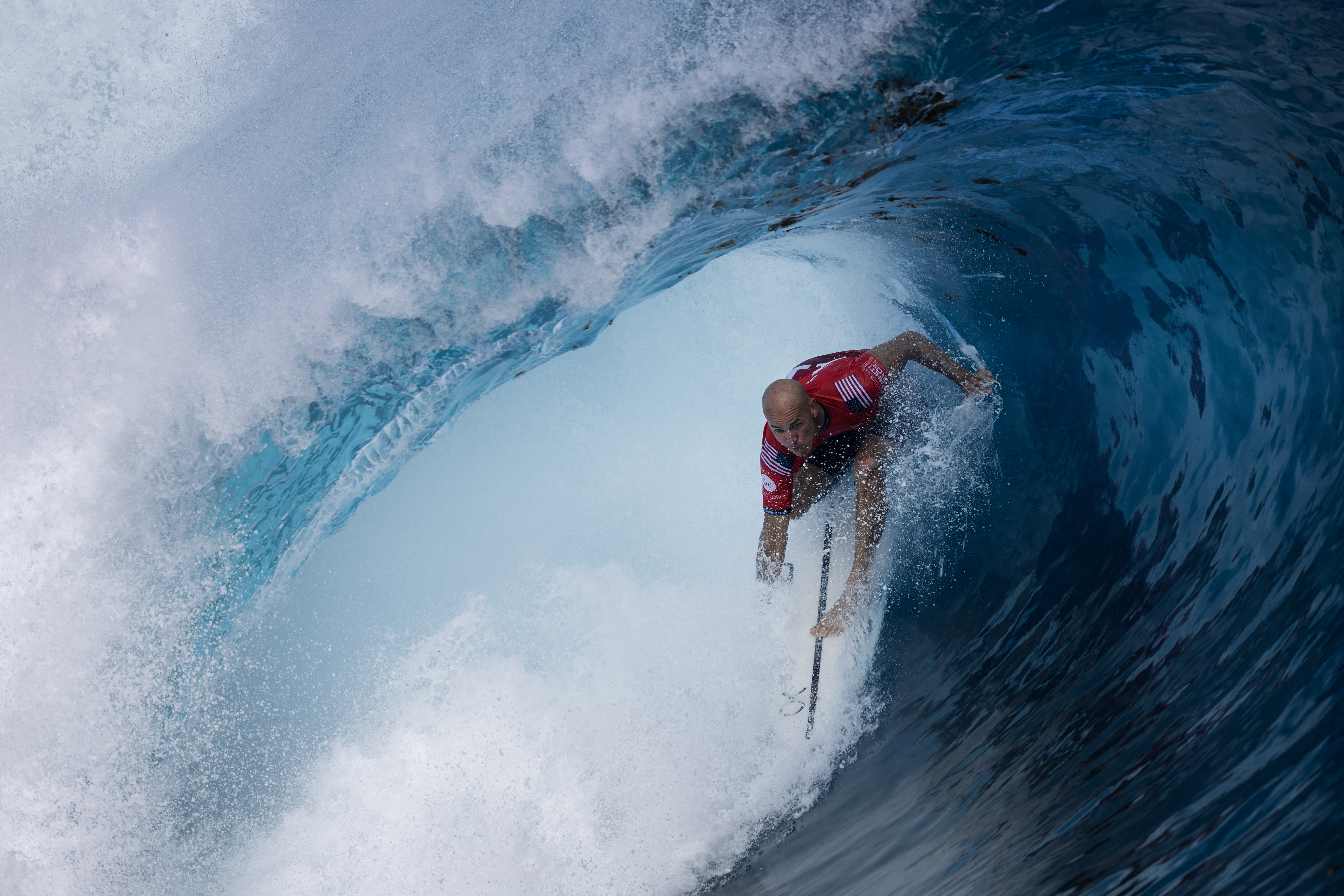 TEAHUPO'O, FRENCH POLYNESIA - MAY 30: Kelly Slater of The United States competes during the Men's Quarterfinal of the SHISEIDO Tahiti Pro on May 30, 2024 in Teahupo'o, French Polynesia. (Photo by Sean M. Haffey/Getty Images)