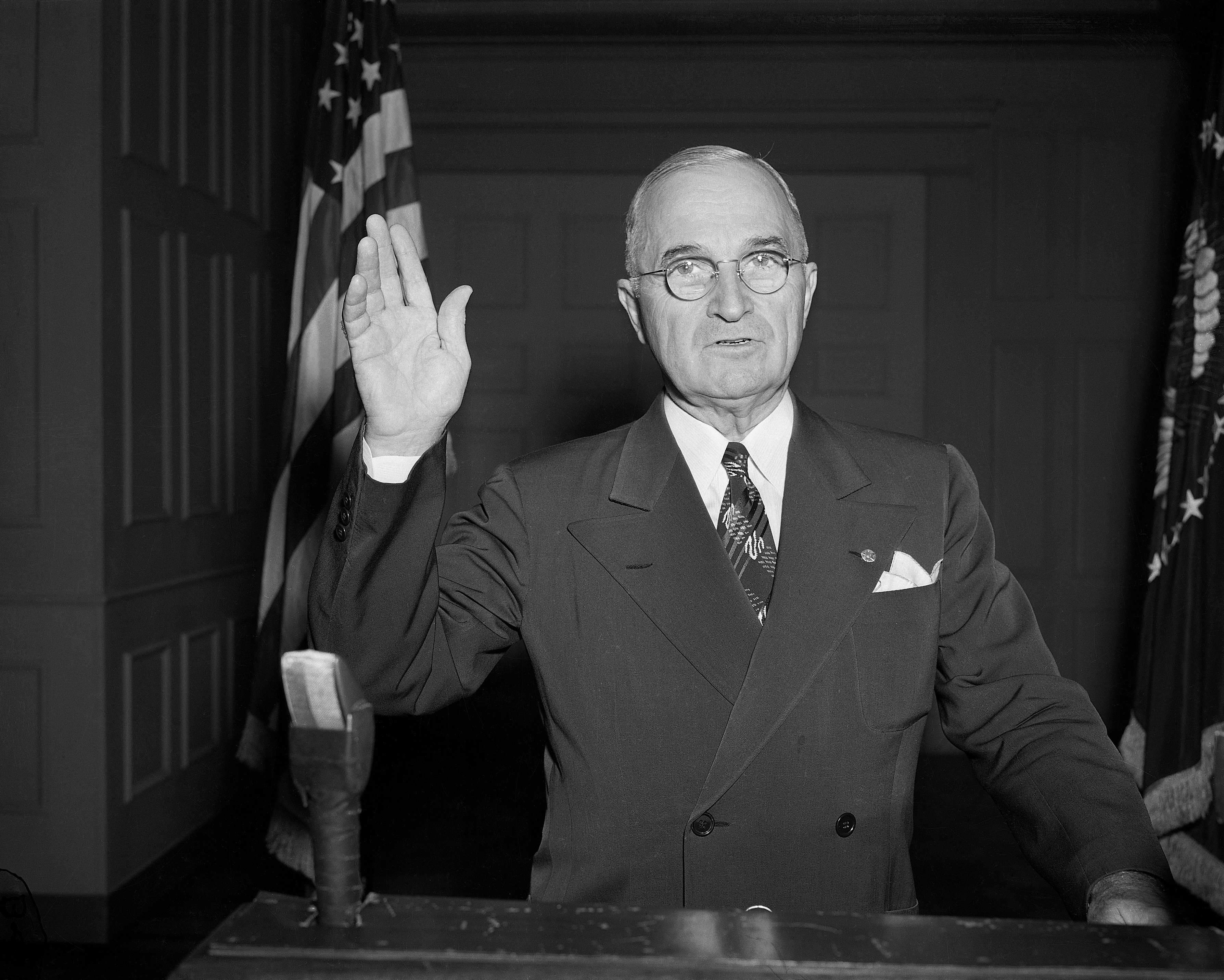 (Original Caption) President Truman's address to the nation on the Korean War was broadcast and telecast from the projection room of the White House last night, July 19. The President called upon the people for hard work and steady effort to win the Korean War.