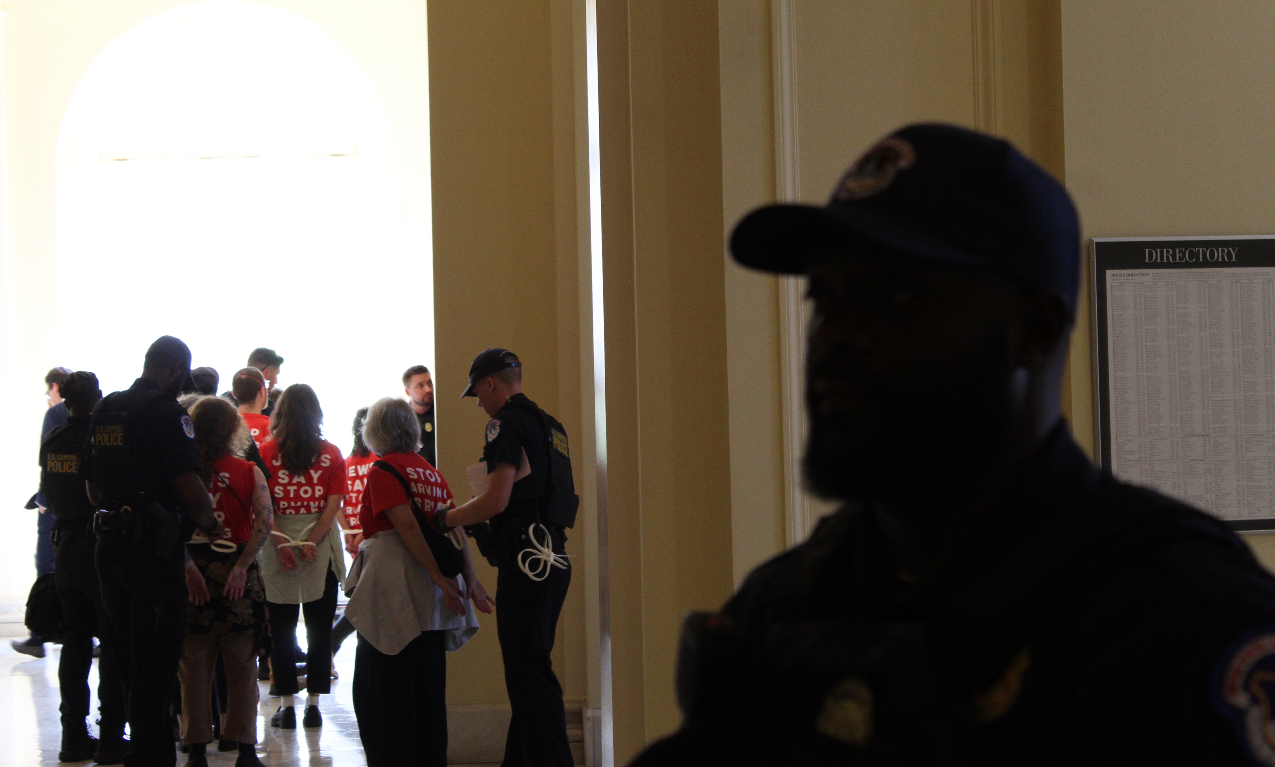 police leading arrested demonstrators away