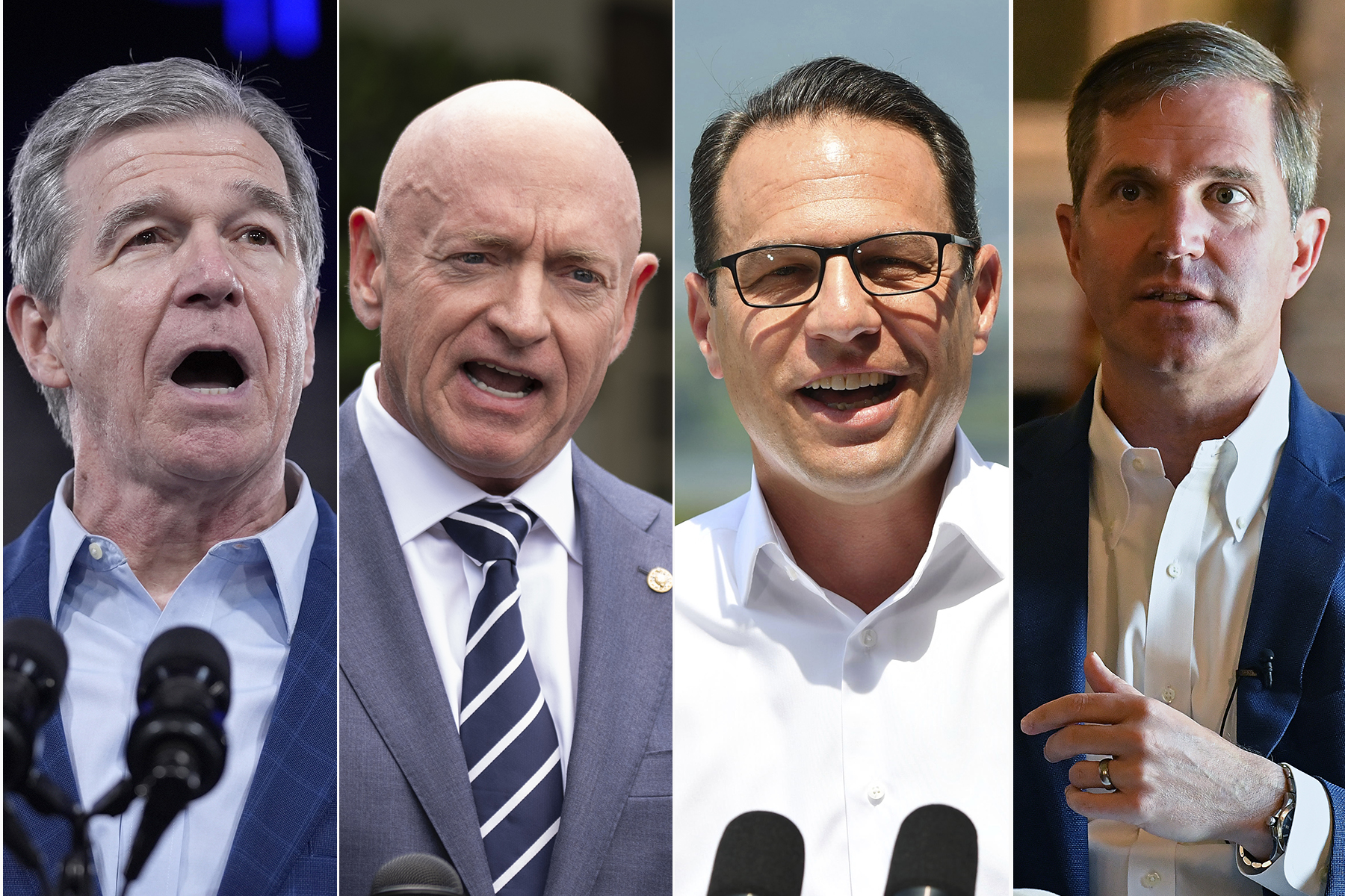 Left to right, North Carolina Governor Roy Cooper, Arizona US Senator Mark Kelly, Pennsylvania Governor Josh Shapiro and Kentucky Governor Andy Beshear