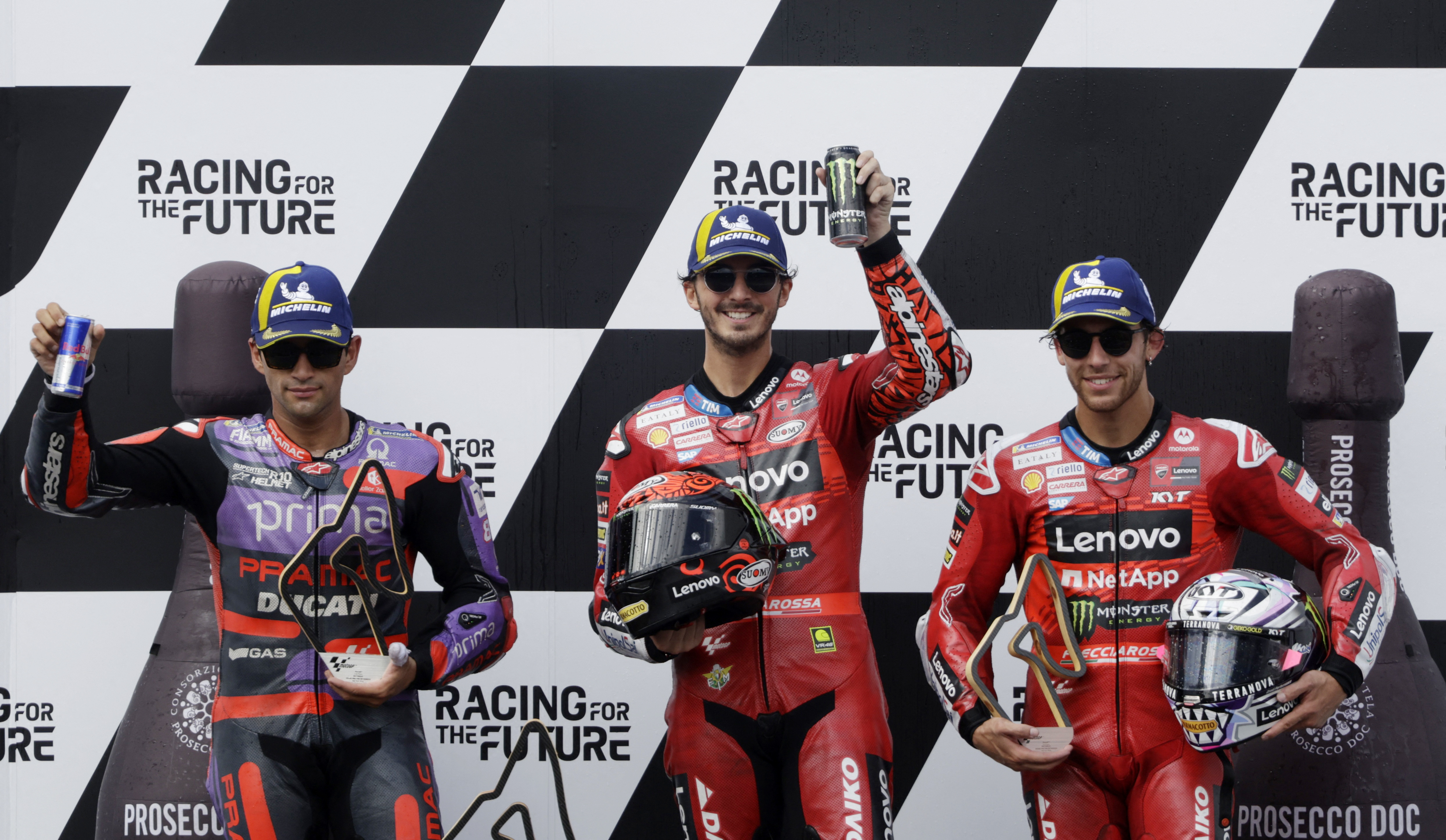 MotoGP riders celebrate on podium