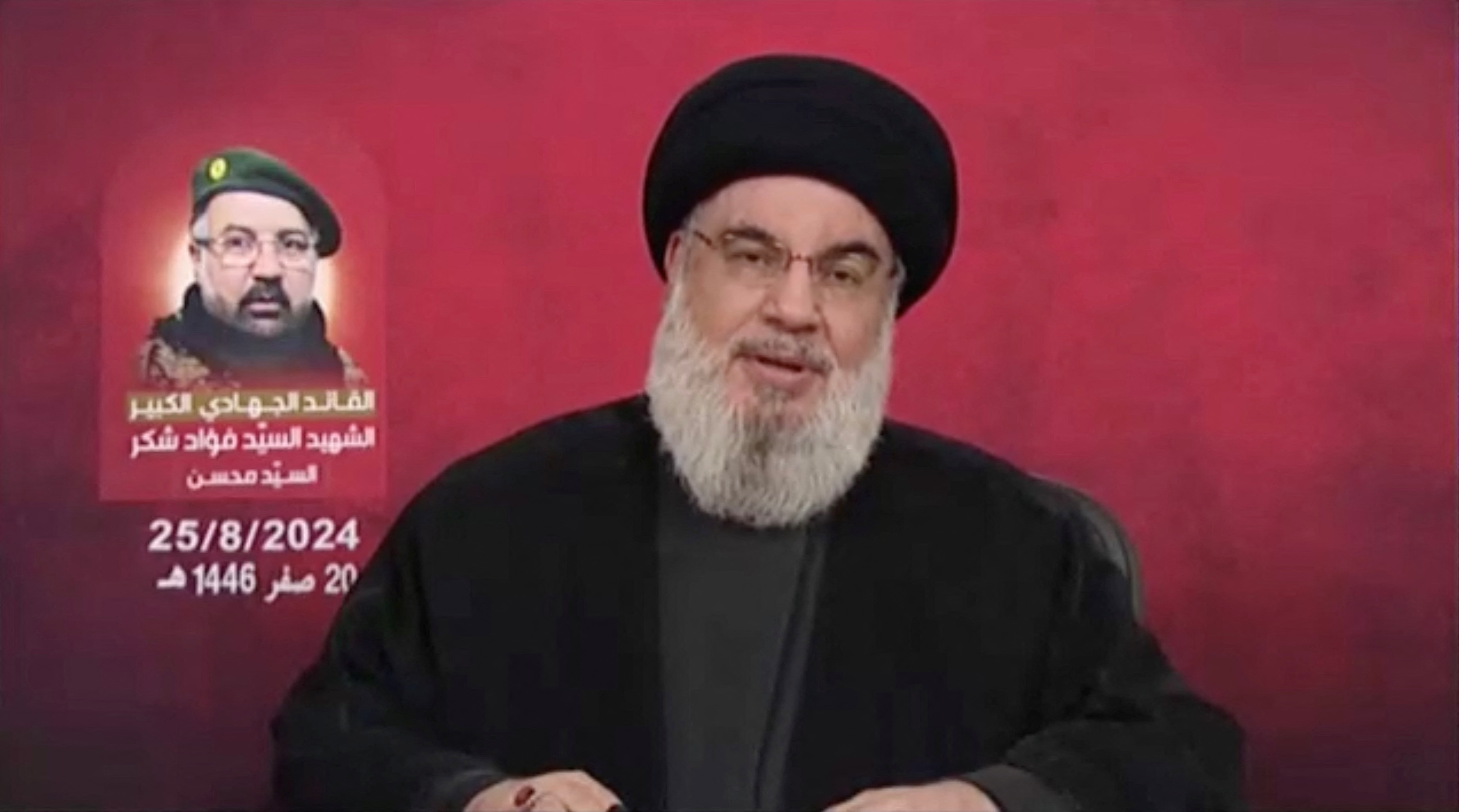 Hezbollah leader Sayyed Hassan Nasrallah gives a televised address, in this screengrab taken from a handout video obtained on August 25, 2024. Al-Manar TV/Handout via REUTERS THIS IMAGE HAS BEEN SUPPLIED BY A THIRD PARTY. NO RESALES. NO ARCHIVES.