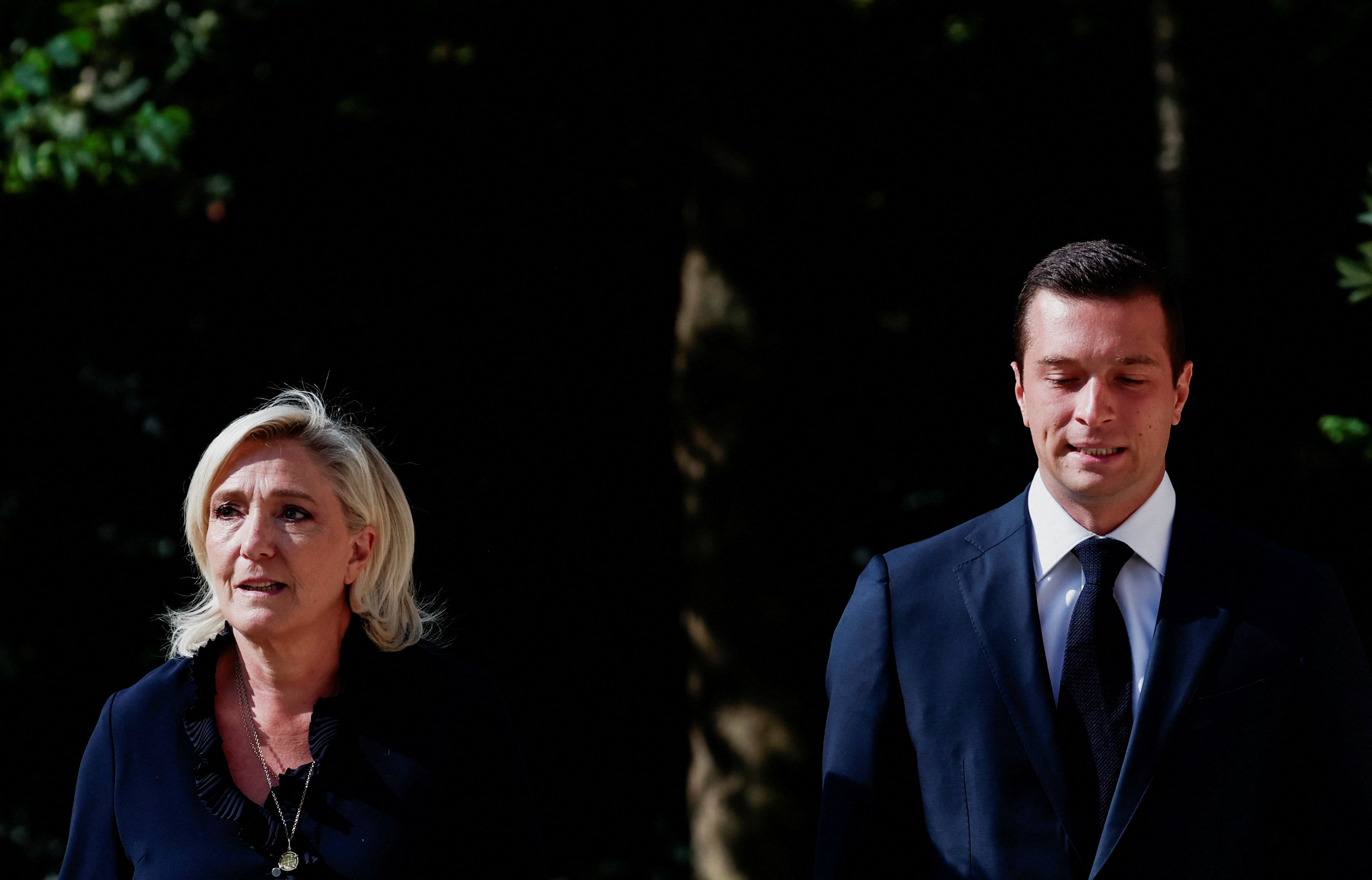 French far-right leader Marine Le Pen, member of parliament of the Rassemblement National (National Rally - RN) party and the party's President Jordan Bardella