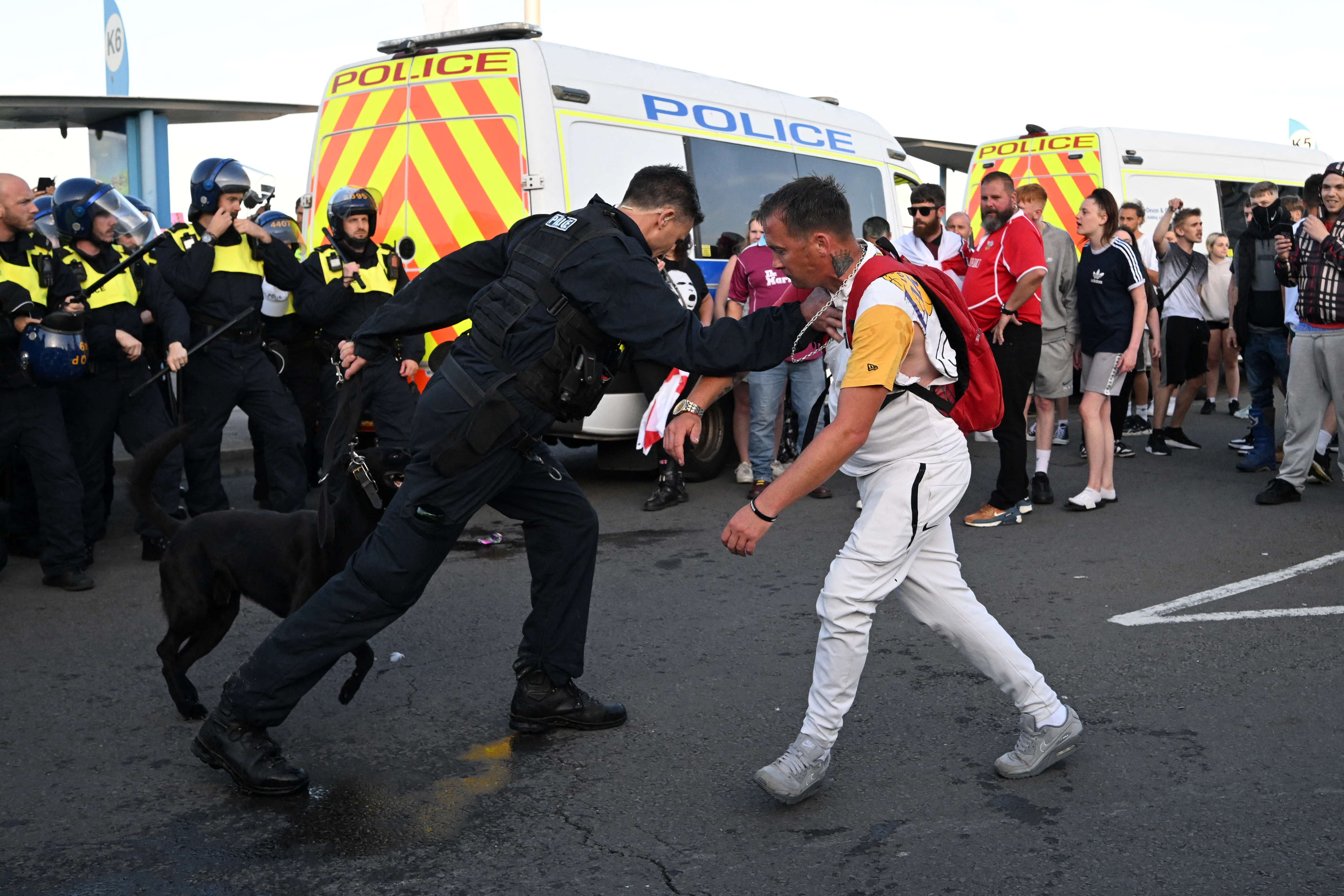 A protester confronts a policeman with a dog. There are police officers lined up one side and a crowd of men on the other. A police van is behind