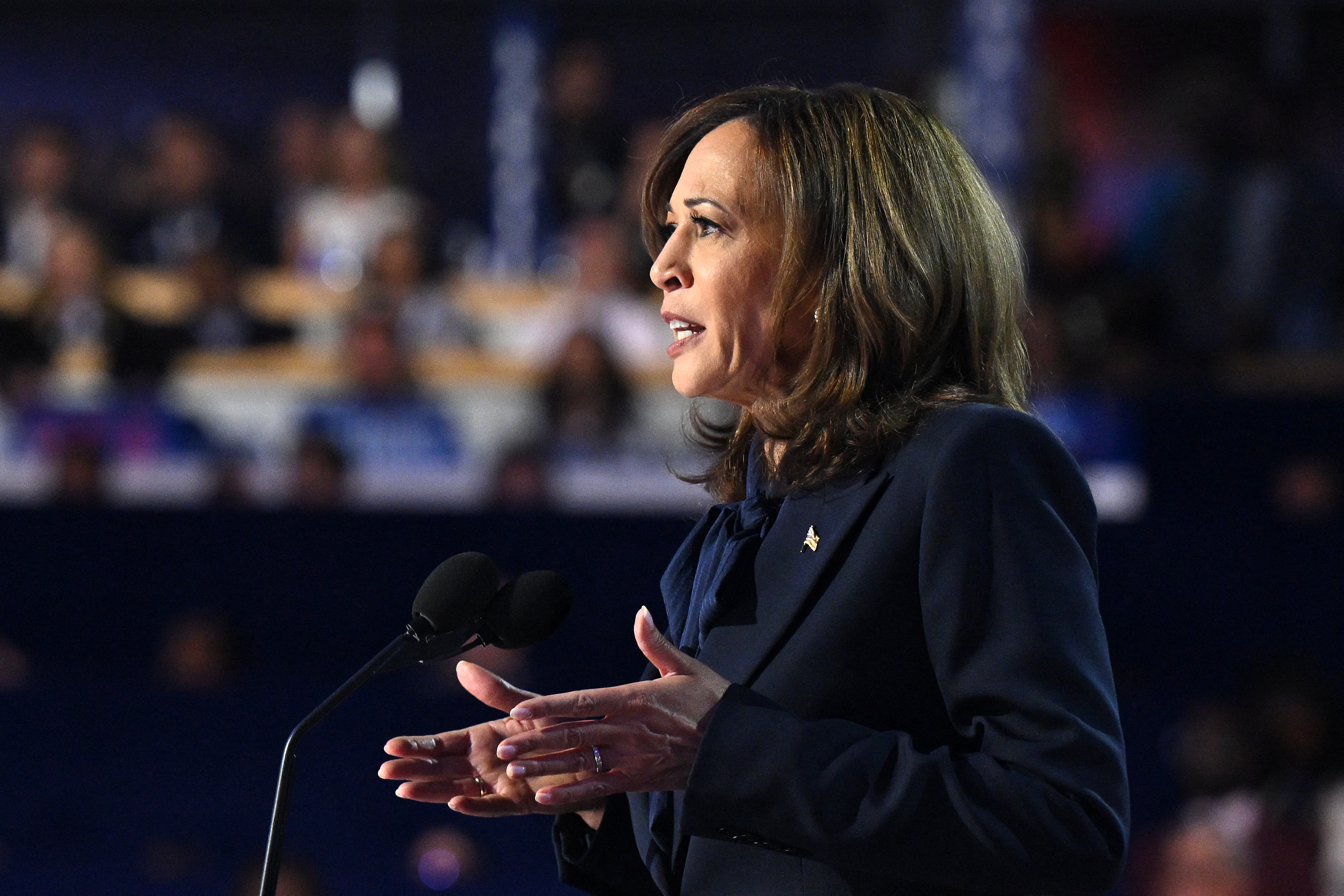 US Vice President and 2024 Democratic presidential candidate Kamala Harris speaks on the fourth and last day of the Democratic National Convention (DNC) at the United Center in Chicago, Illinois, on August 22, 2024.