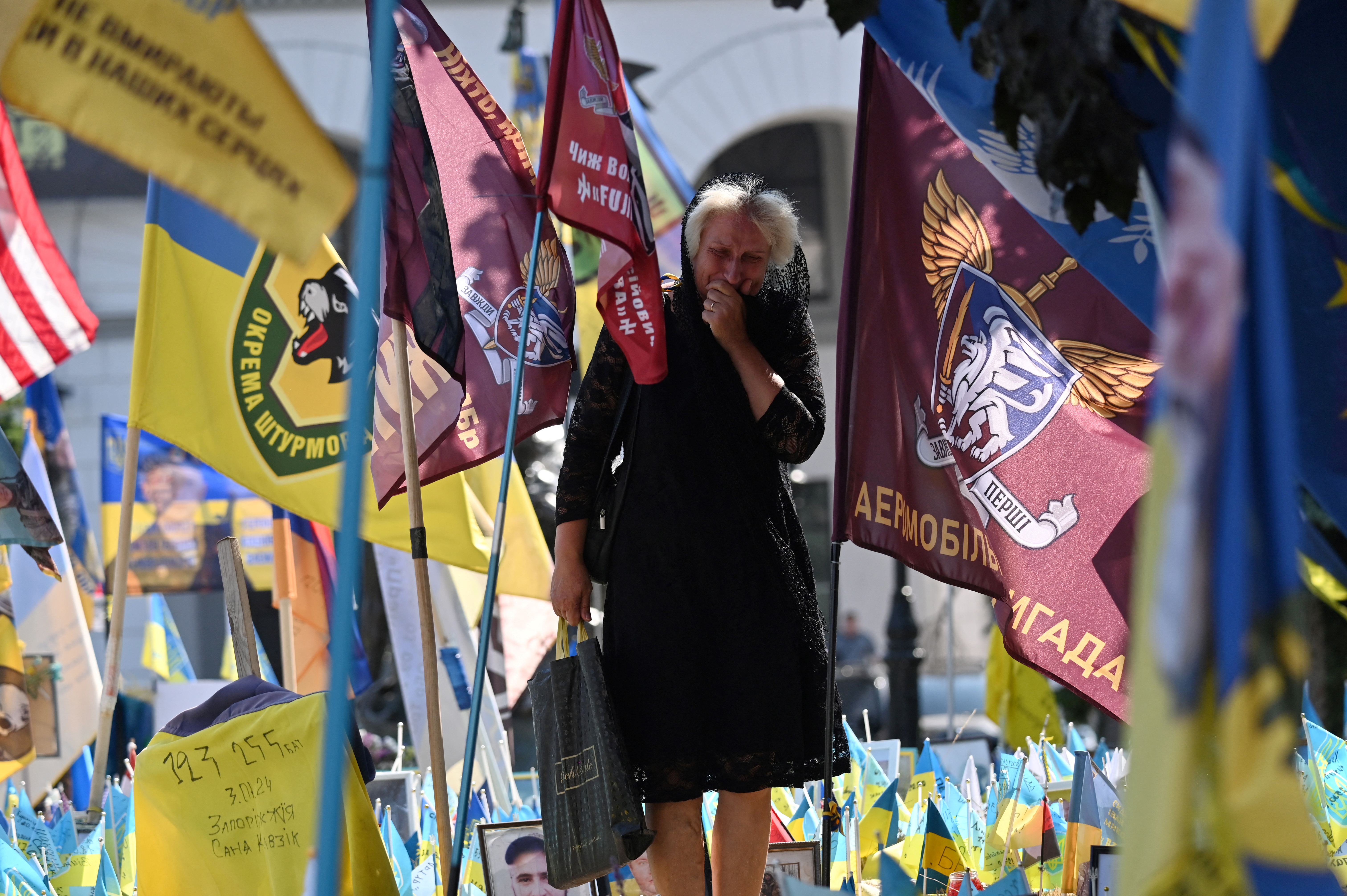 A woman cries at a memorial for fallen soldiers in Kyiv, She is dressed in black and walking between flags and tributes. She has her hand to her face